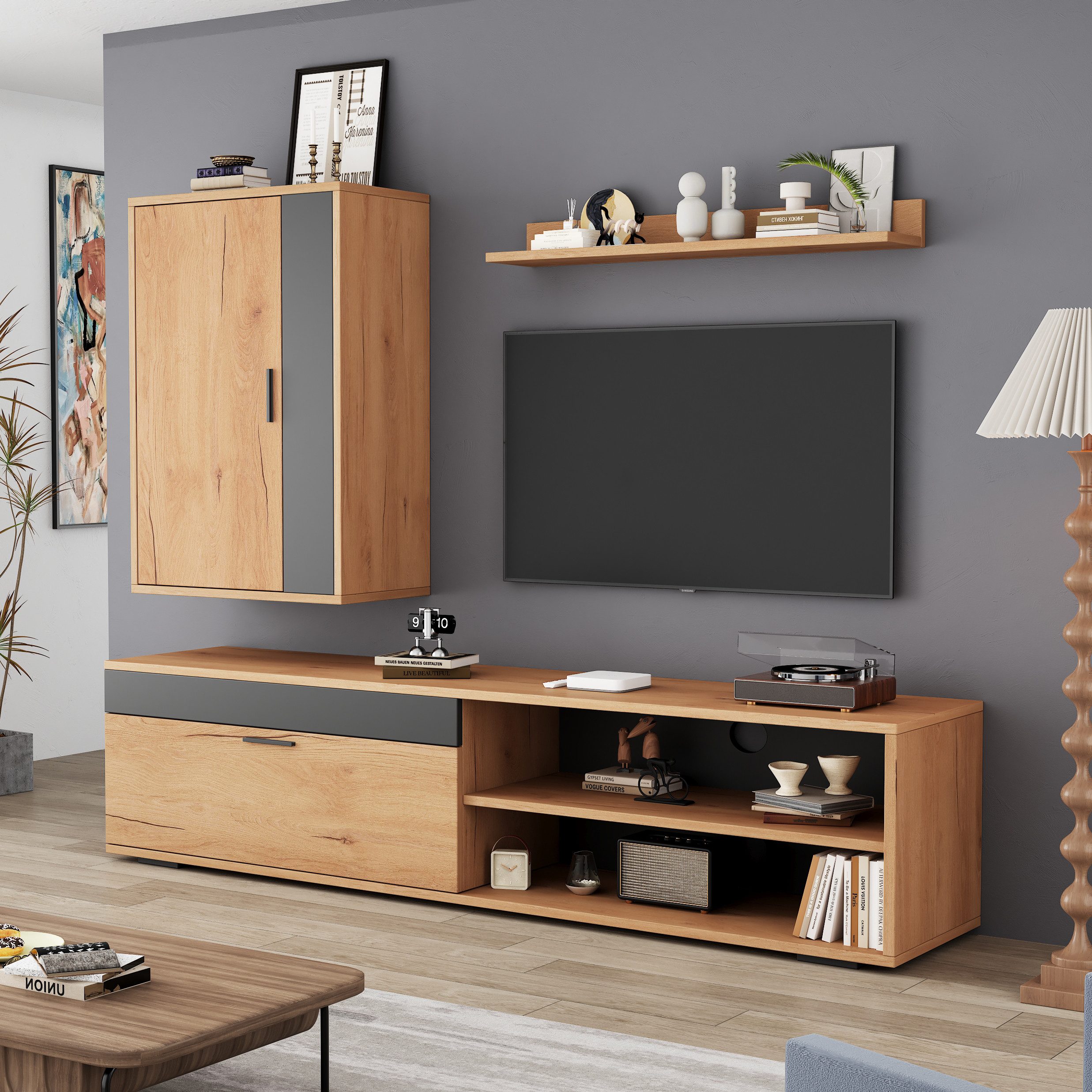 Merax Wohnwand in Holzfarbe, (3-St), 3-teiliges TV-Wohnwand-Set mit V-Schrank, Wandschrank und Wandregal