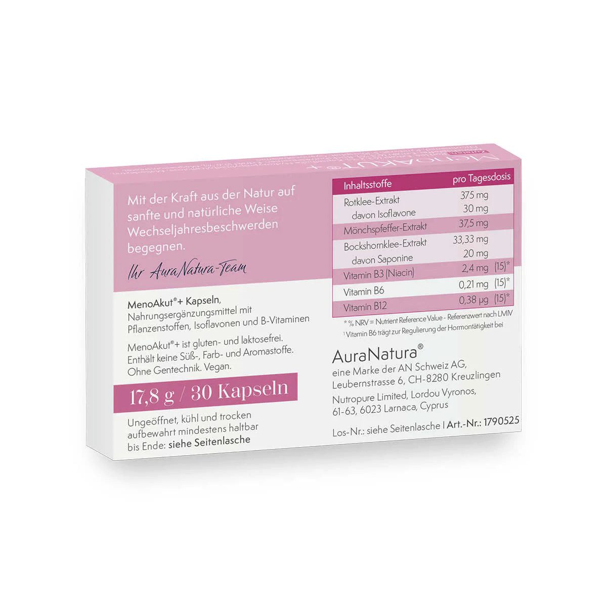 Aura Natura MenoAKUT+ - Wechseljahre Kapseln mit Rotklee und Vitaminen - Vegan Kapseln