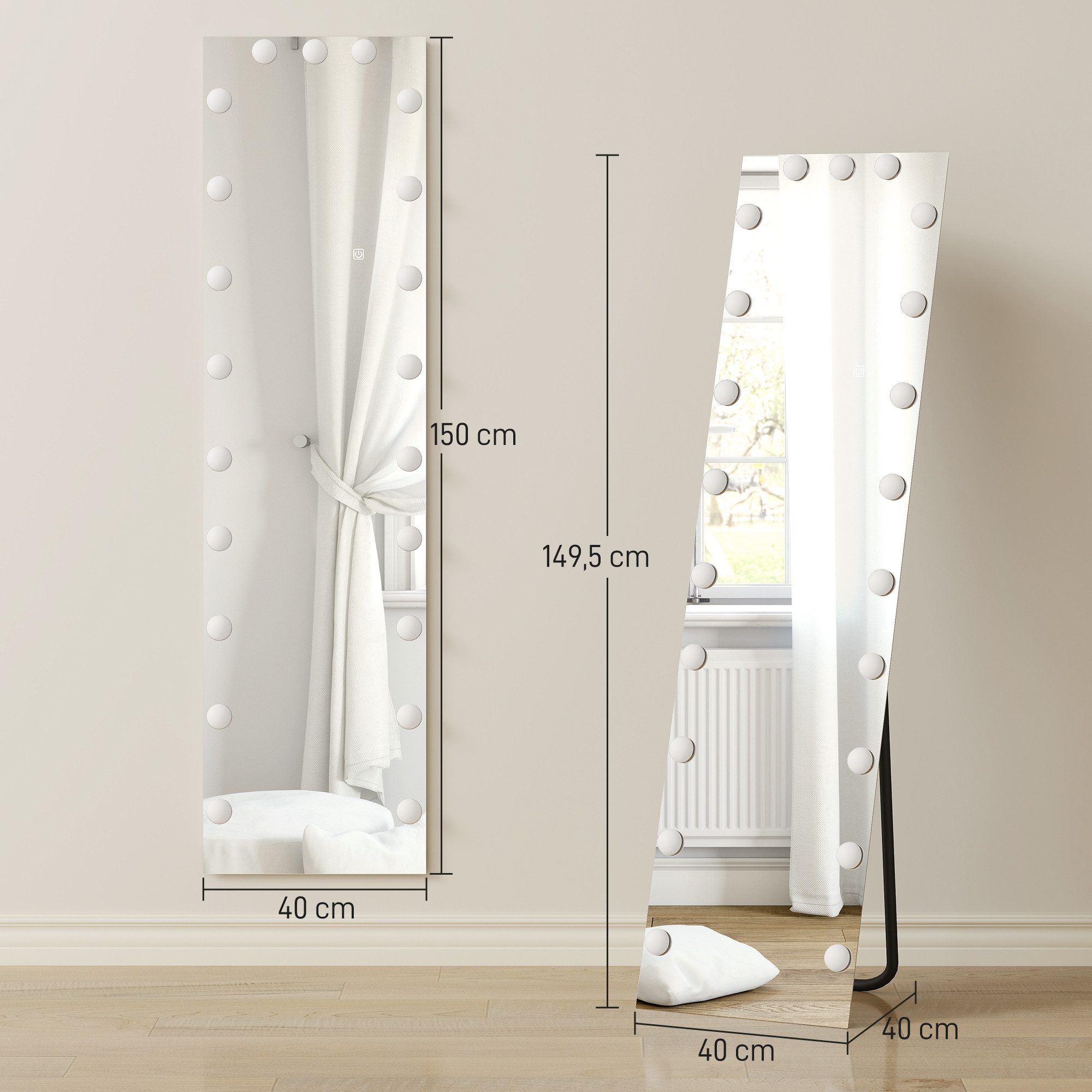 HOMCOM Standspiegel Ganzkörperspiegel RGB-LED mit 21 Glühbirnen anlehnbar Spiegel (Stehspiegel, 1-St., Wandspiegel), für Wohnzimmer, Schlafzimmer, Transparent