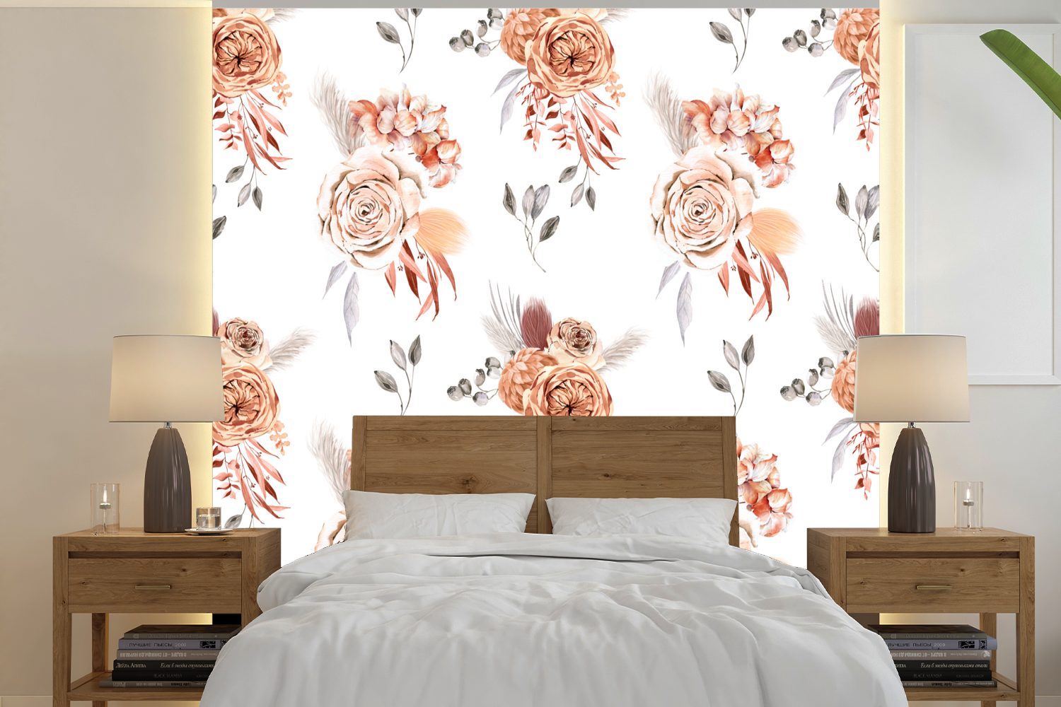 MuchoWow Fototapete Blumen - Rosen - Blätter - Weiß, Matt, bedruckt, (5 St), Vinyl Tapete für Wohnzimmer oder Schlafzimmer, Wandtapete