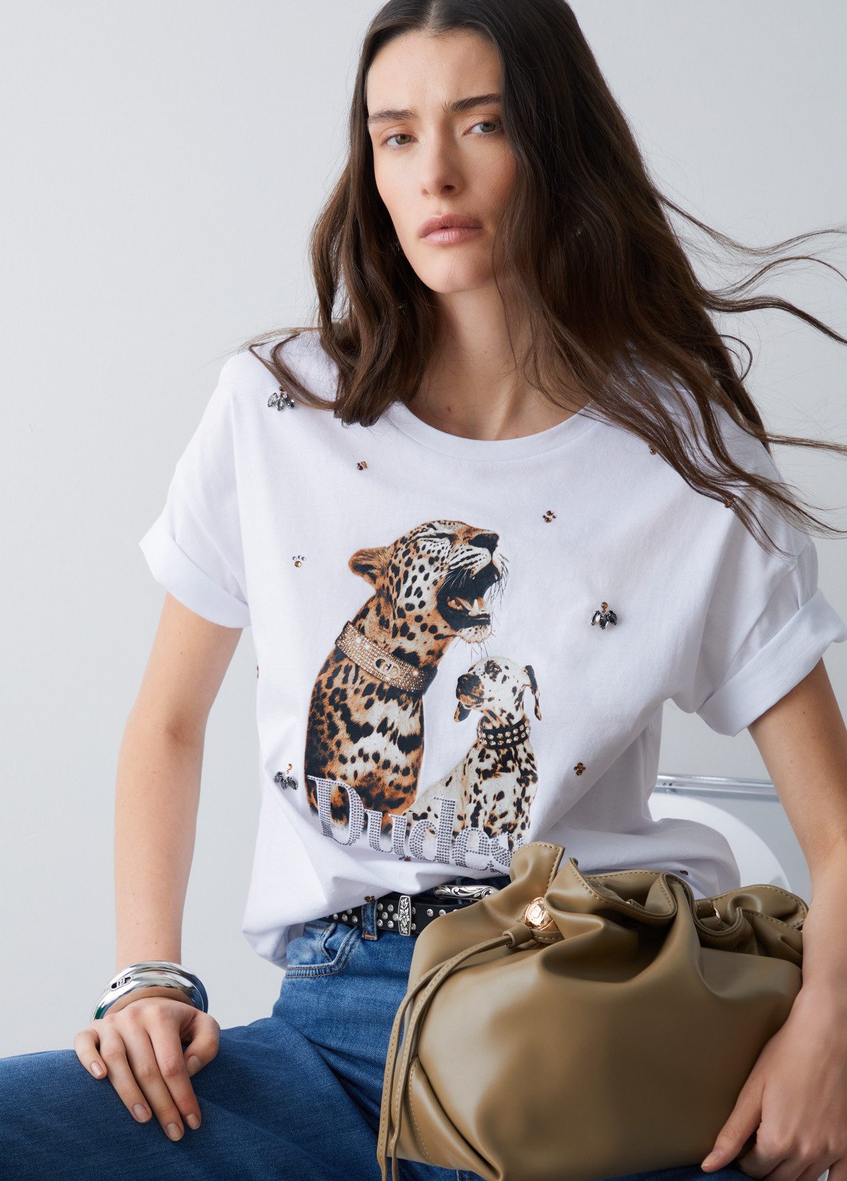 Liu Jo T-Shirt - Damen T-Shirt - Print Shirt mit Schmuckdetails - Rundhals Kurzarm