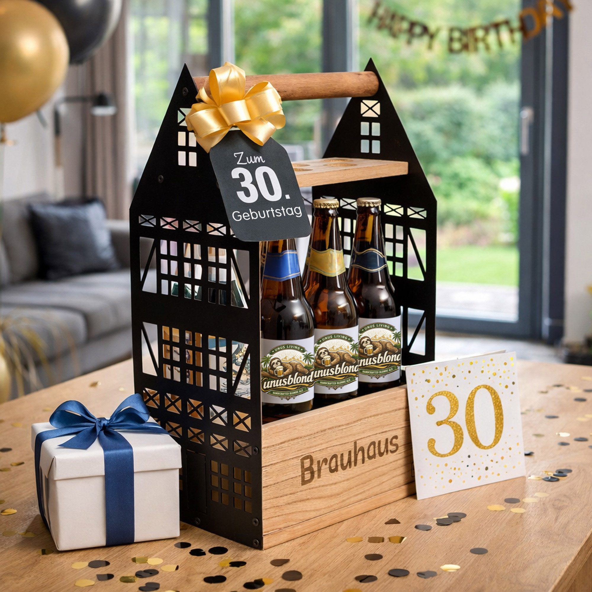 UNUS HOME Flaschenhalter Bierflaschenhalter Bierhalter Brauhaus für 6 Flaschen, (Geschenkidee für Männer), Getränkehalter inkl. Schnapsglashalter und Wasserwaage