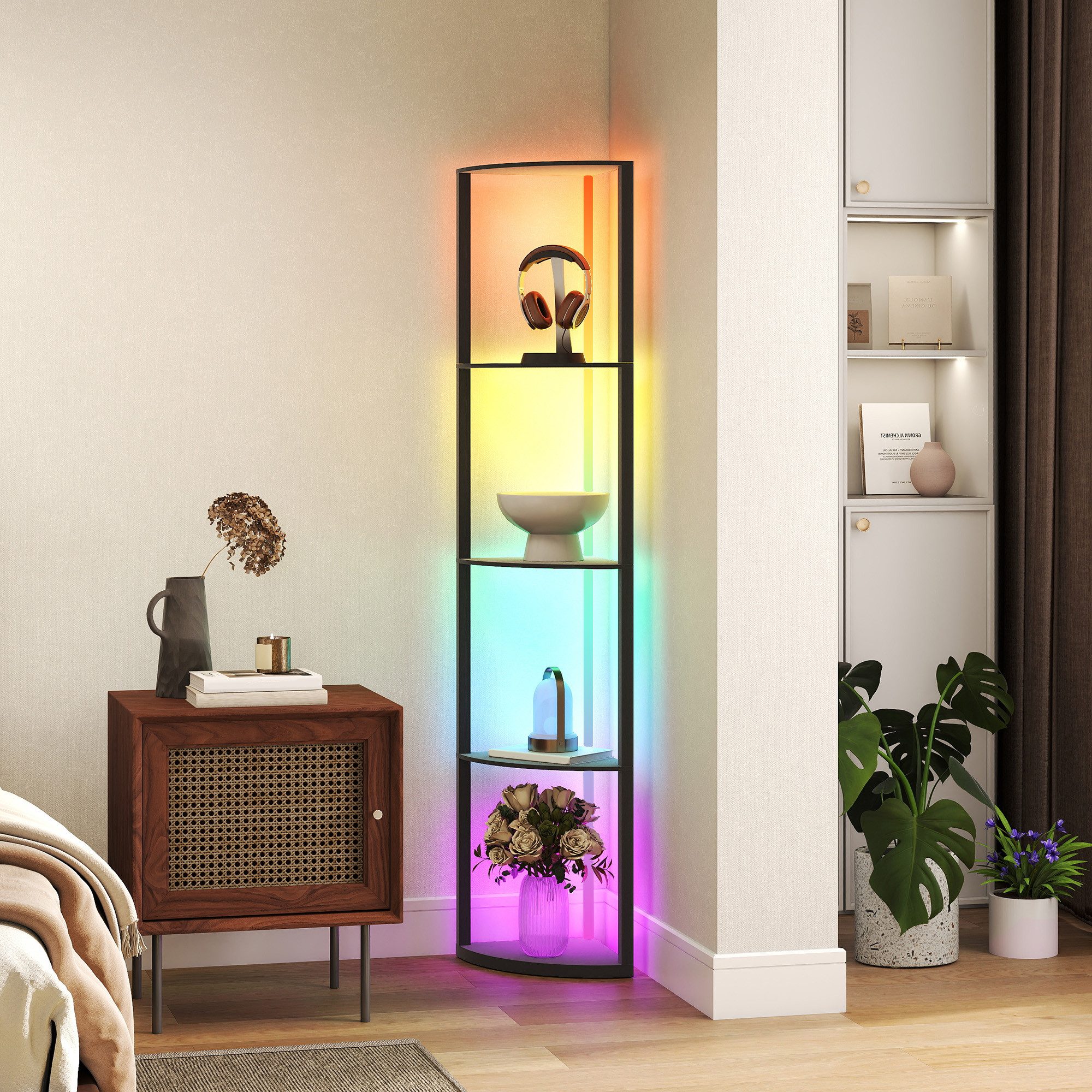 HOMCOM Stehlampe mit Regal, RGB Farbwechsel, Fernbedienung, RGB-Beleuchtung, Fernbedienung, LED, RGB, für Wohnzimmer Schlafzimmer