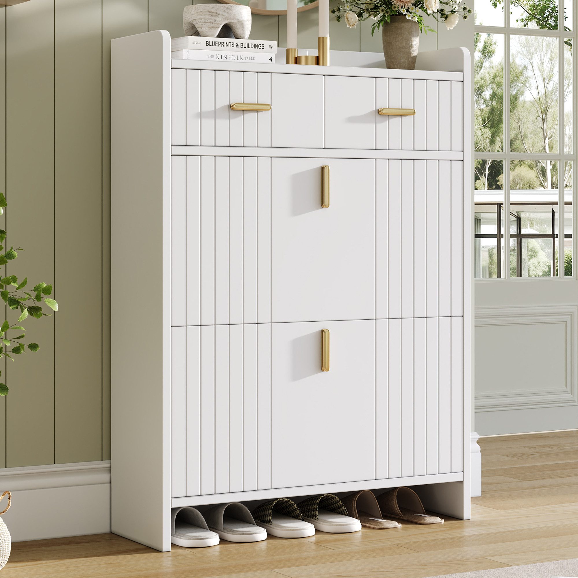 Flieks Schuhschrank Schuhkommode mit 2 Schublade, 2 Klappen und verstellbarer Einlegeböden (B75/T24/H108,5 cm, 1-St) Schuhregal Schuhkipper Flurschrank, doppelstöckiges Design Weiß