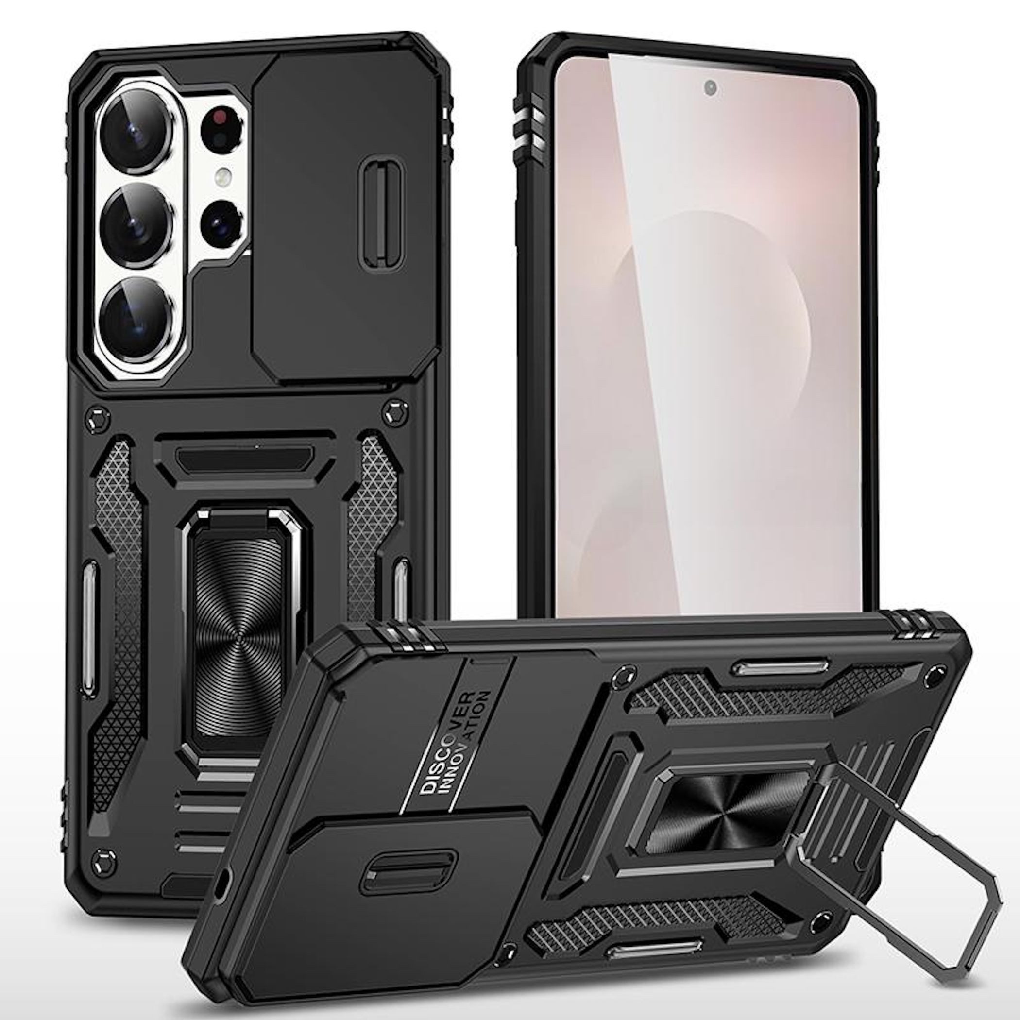 Wigento Handyhülle Für Samsung Galaxy S26 Ultra Sliding Kamera TPU PC Ring Hülle Schwarz, Schiebecover, stoßfest, mit Halterung