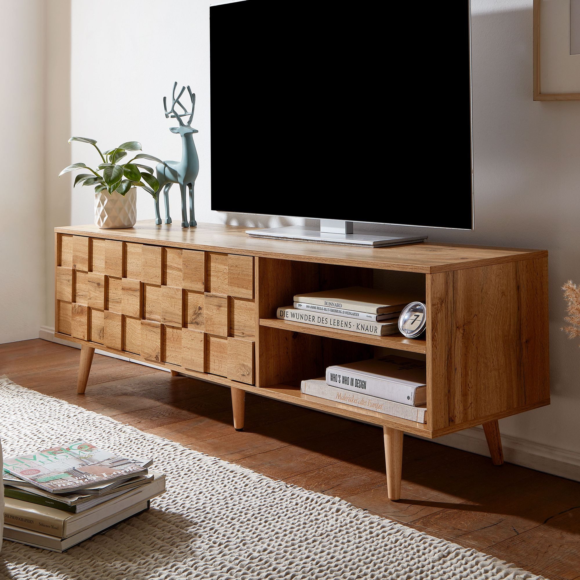 FINEBUY Lowboard FB76183 (Holz Eiche-Dekor 160x51x40 cm mit zwei Türen), TV-Kommode Hoch, TV-Schrank Modern, Fernsehtisch