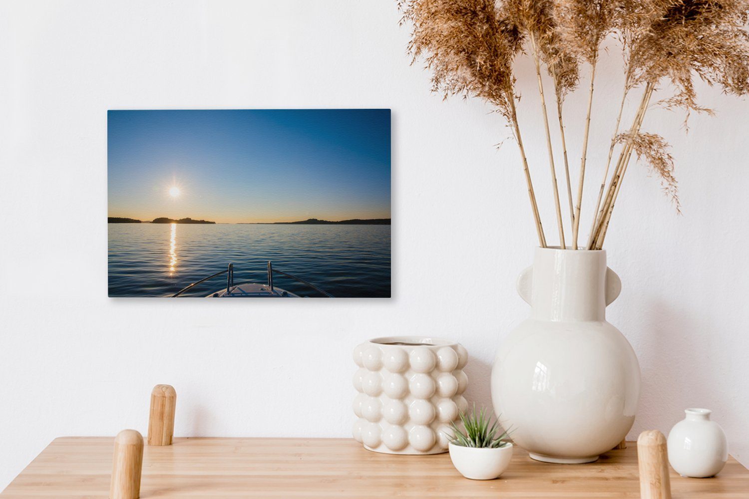 Leinwandbilder, OneMillionCanvasses® aus, Motorboot Leinwandbild cm (1 einem St), Ein von Sonnenuntergang Wanddeko, Aufhängefertig, Wandbild 30x20
