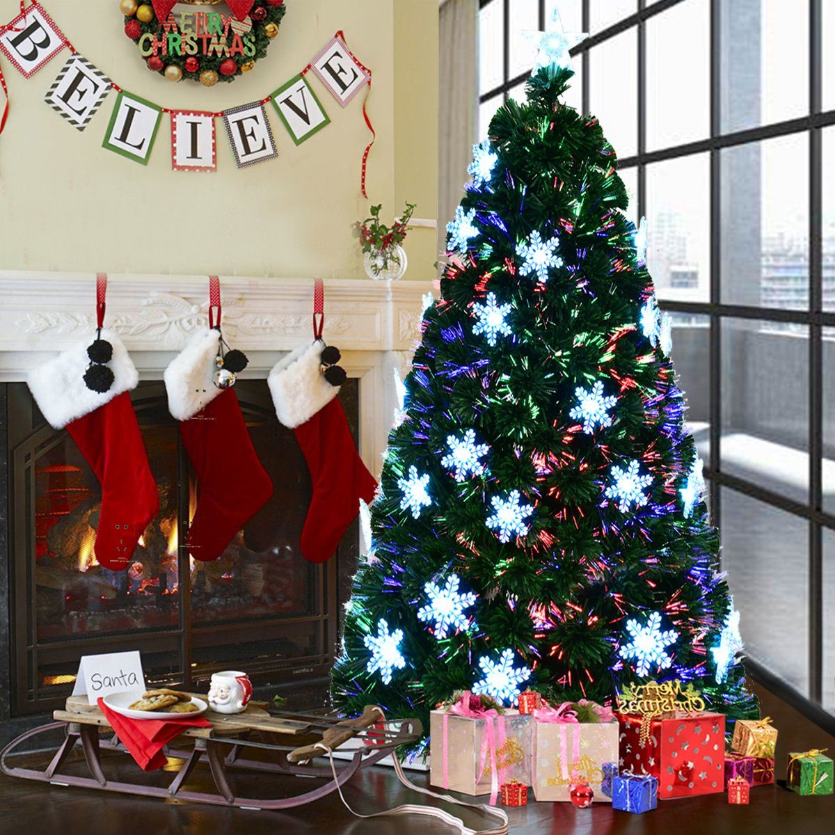 COSTWAY Künstlicher Sternspitze Weihnachtsbaum, mit Glasfaser-Farbwechsel &