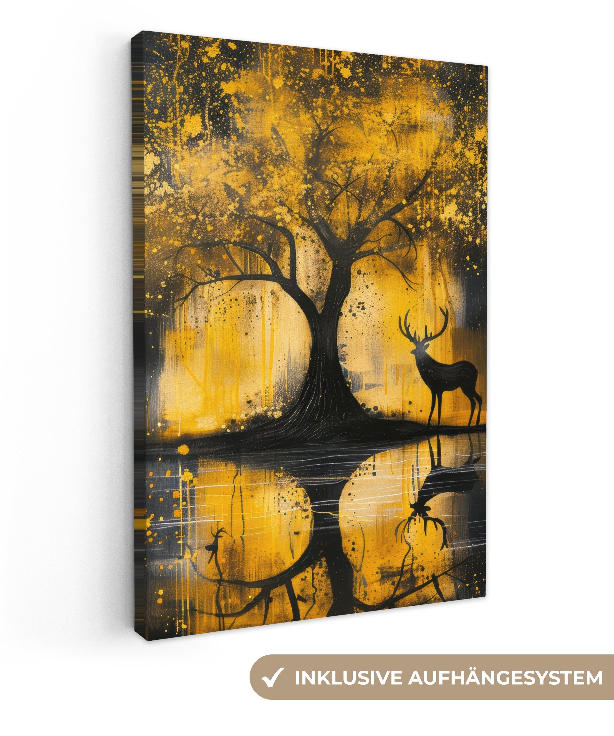 OneMillionCanvasses® Leinwandbild Baum - Farboptik - Hirsch - Natur - Gold, günstig online kaufen