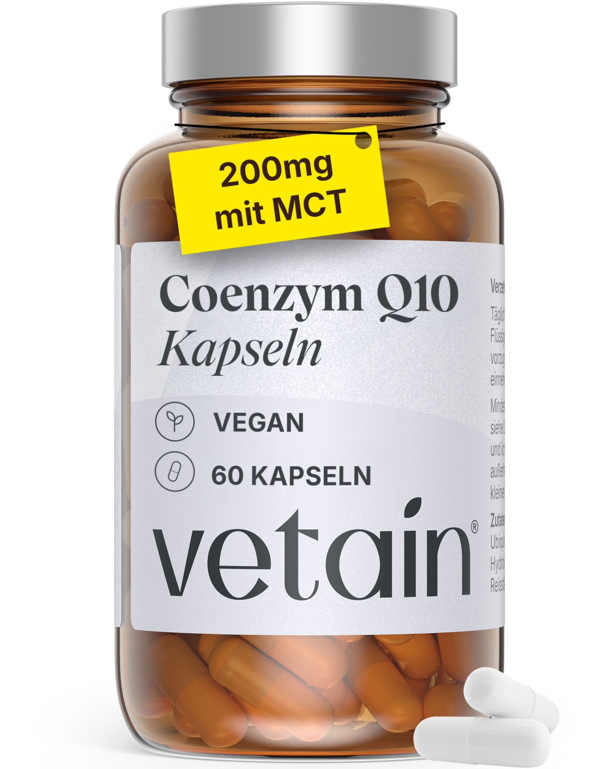 VETAIN Coenzym Q10 200mg - Mit MCT für bessere Aufnahme - Vegan & hochdosiert Kapseln, 60 St., Mit MCT für bessere Aufnahme