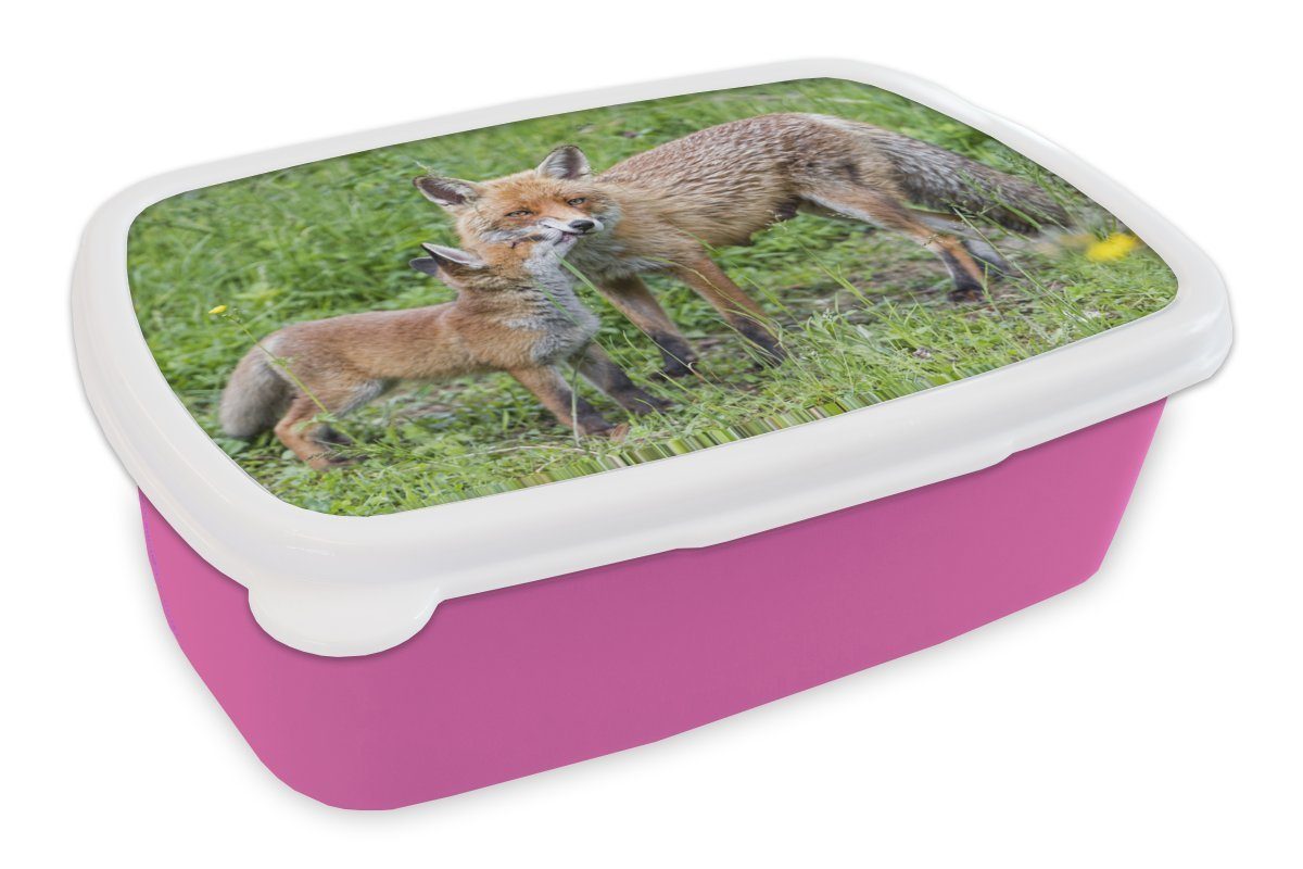 MuchoWow Lunchbox Füchse - Kind - Gras, Kunststoff, (2-tlg), Brotbox für Erwachsene, Brotdose Kinder, Snackbox, Mädchen, Kunststoff rosa