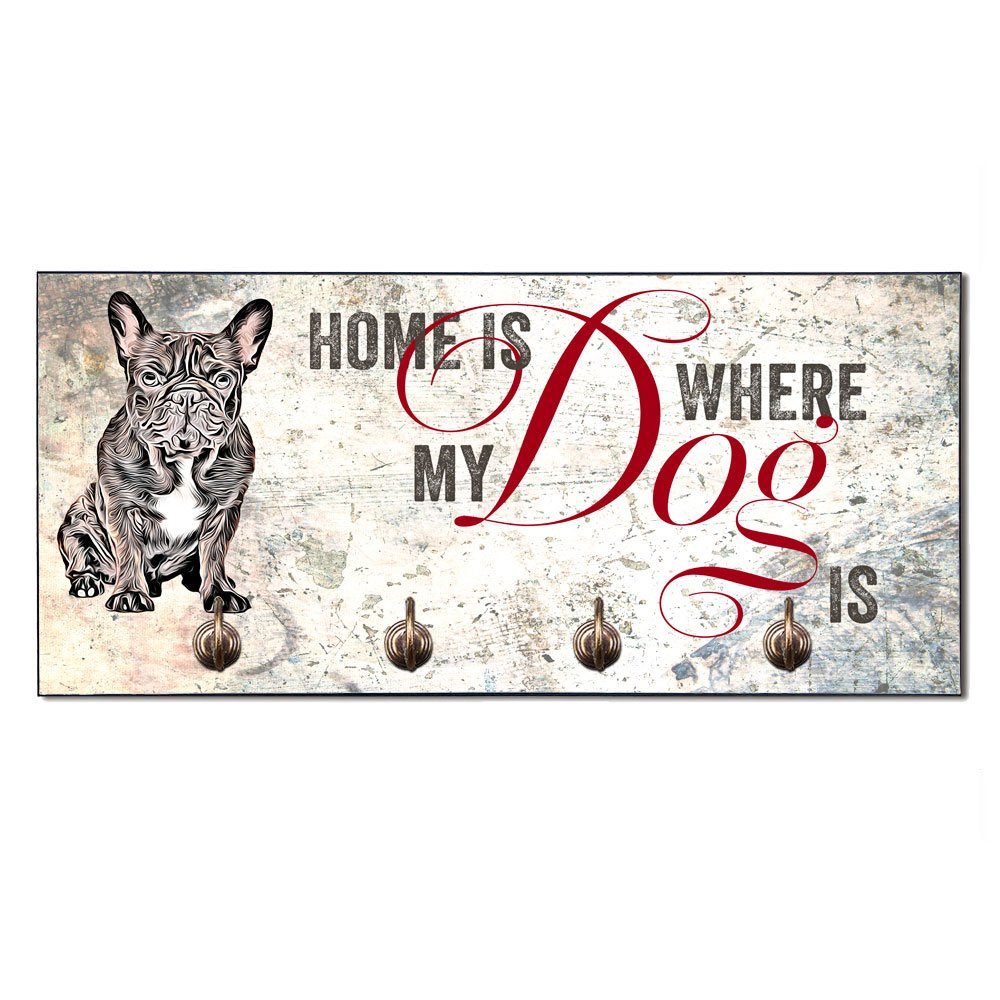 Cadouri Wandgarderobe FRANZÖSISCHE BULLDOGGE Hundegarderobe - Wandboard für Hundezubehör (Garderobe mit 4 Haken), MDF, mit abgeschrägten Ecken, handgefertigt, für Hundebesitzer