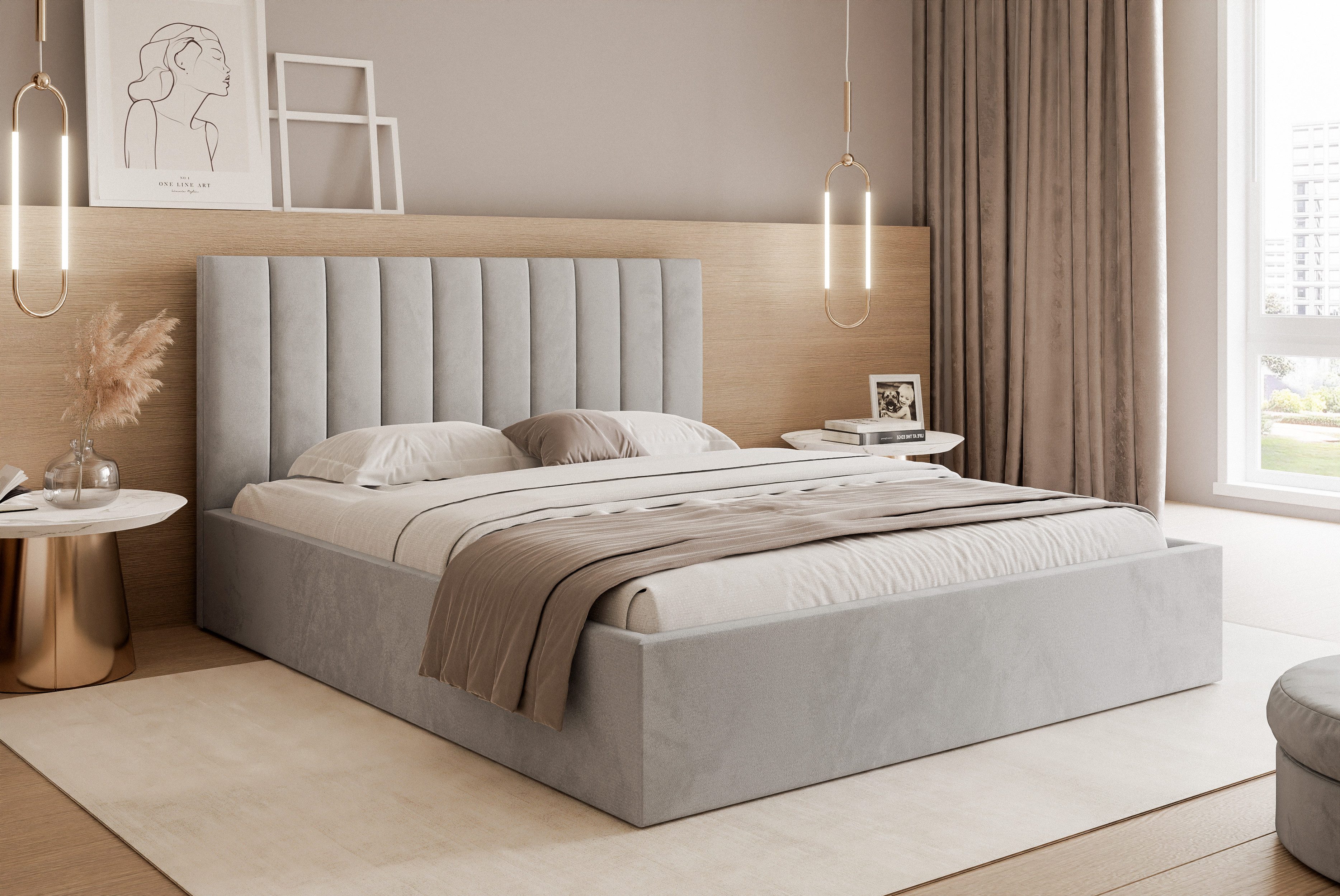 Goldstoff Polsterbett Modernes Bett mit Stauraum günstig online kaufen