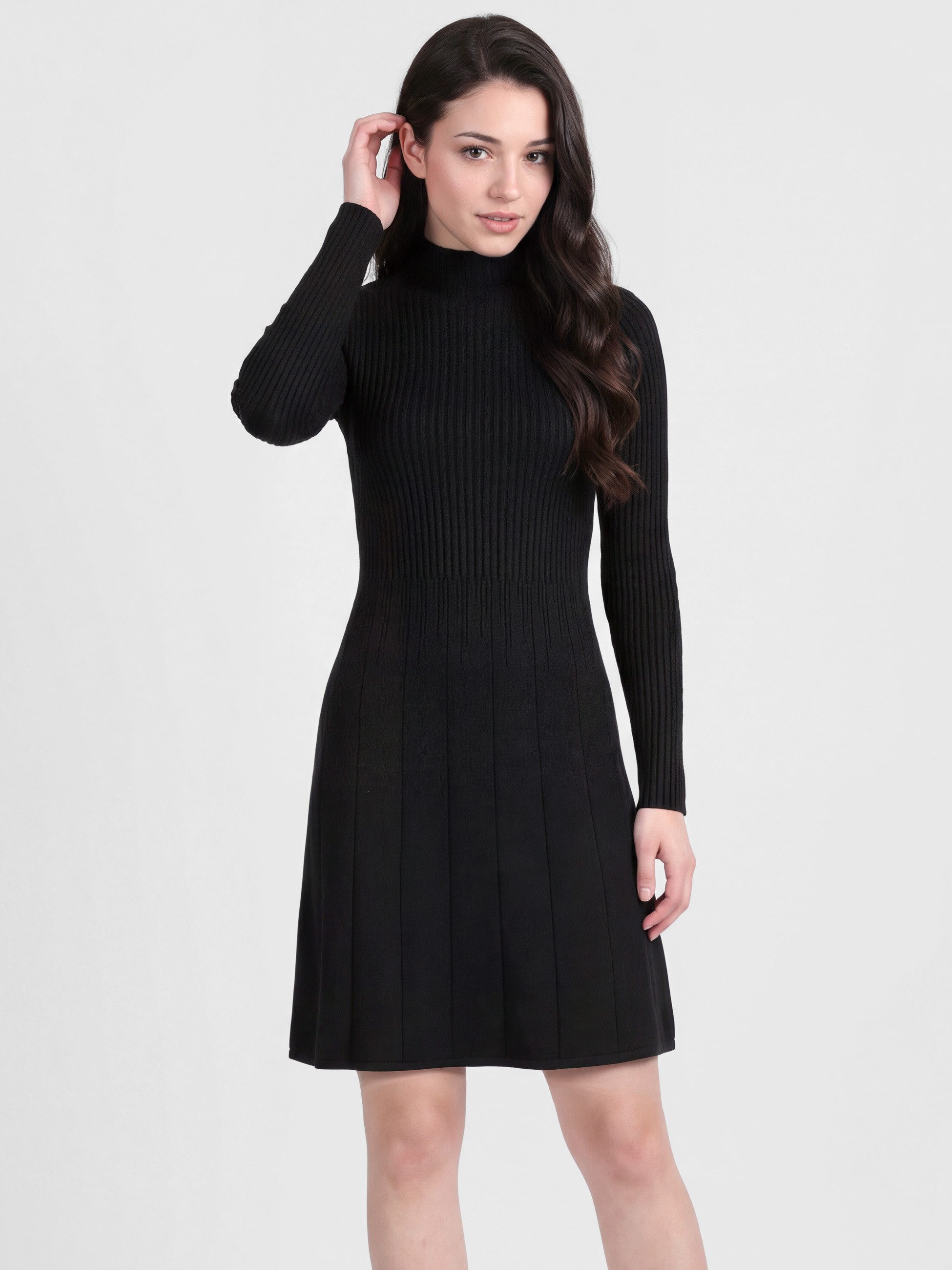 PEKIVESSA Strickkleid Kurzes Rippstrick-Kleid tailliert mit ausgestelltem R günstig online kaufen
