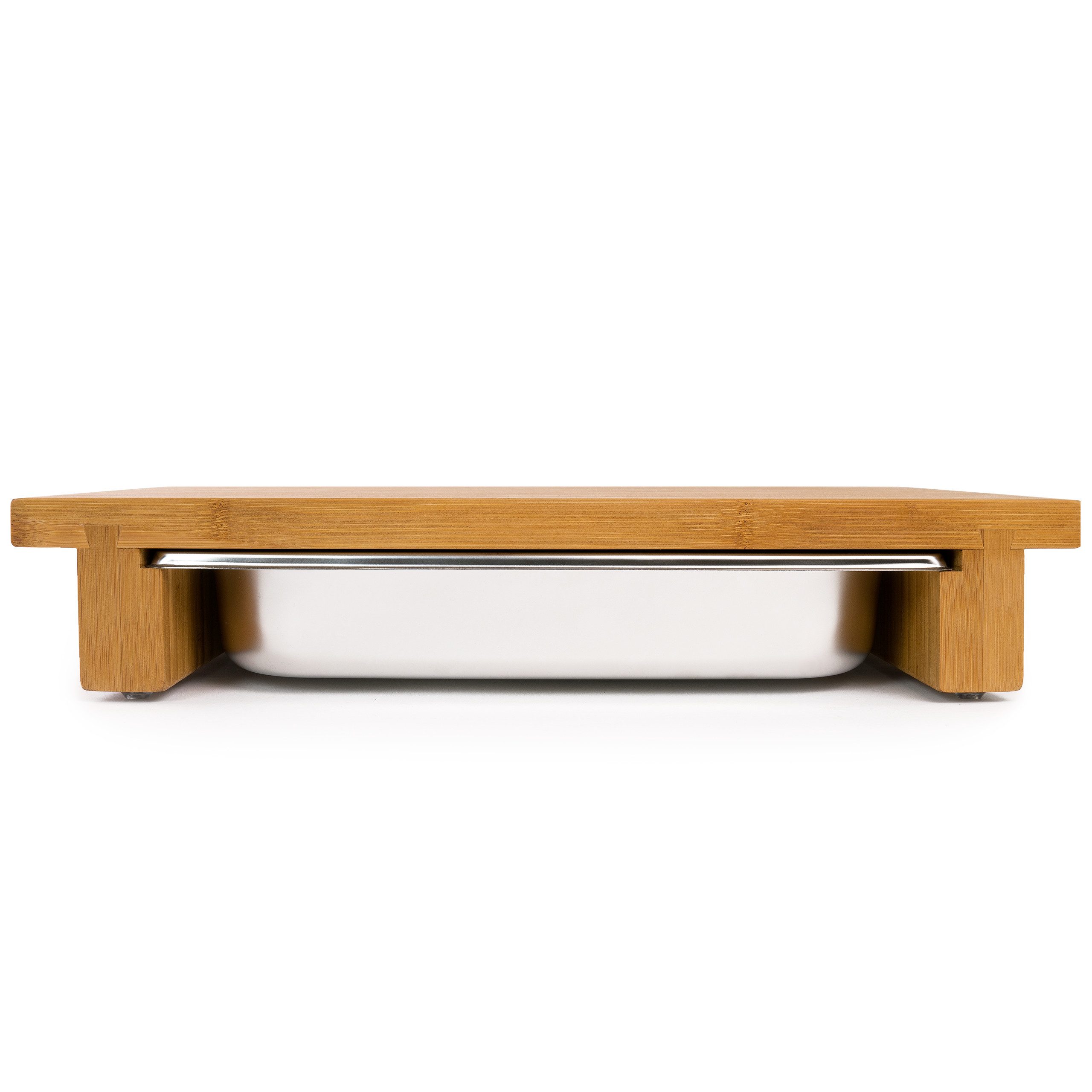 cleenbo Schneidebrett mit Auffangschale - Profi Holz Küchenbrett aus Bambus- 43 x 29 x 7,5cm, Holz, Antibakterielles Holzbrett mit Auffangschale aus Edelstahl