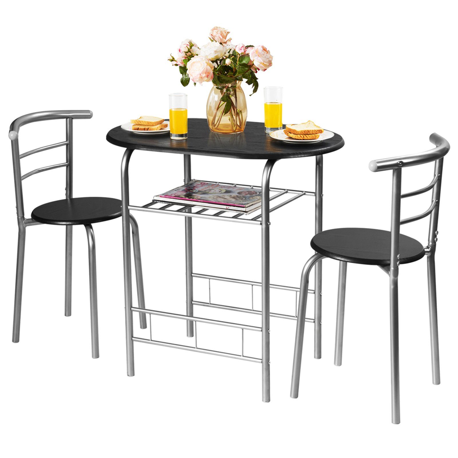 COSTWAY Küchentisch, mit Stühlen für 2, Esspruppe mit Stauraum, platzsparend Silber+Schwarz | Esstische