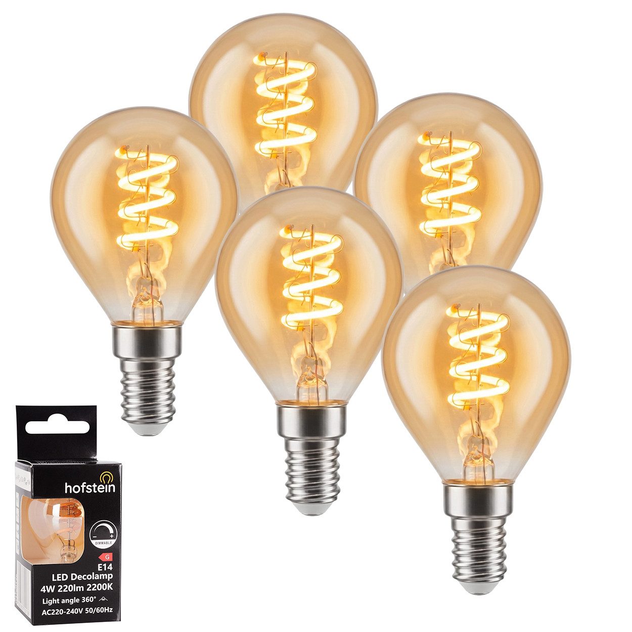 hofstein LED-Leuchtmittel 5er Set Glühbirne Extra Warmweiß dimmbar 4 Watt, E14, 2200 Kelvin, 220 Lumen, Kerze, Filament Spirale, Amber