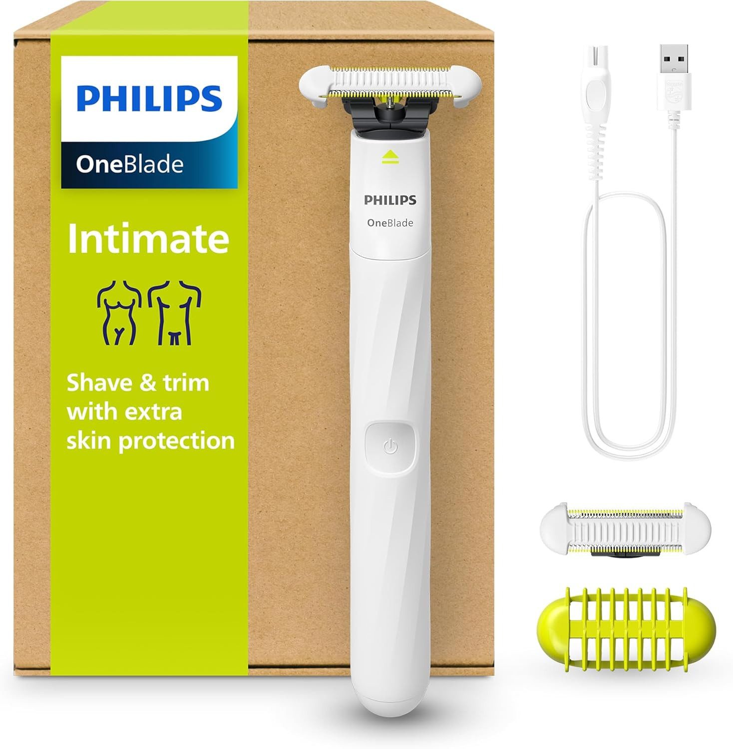 Philips Elektrorasierer Philips OneBlade Intimate Elektrischer Intimrasierer QP1924/30, SkinProtect Klingensystem, 3 mm Körperkamm, wasserdicht (IPX7), wiederaufladbarer Ni-MH Akku, Aufsätze: 3, SmartClick-Präzisionstrimmer, mit extra Hautschutz, SkinProtect Klingensystem, 3 mm Körperkamm, wasserdicht (IPX7)