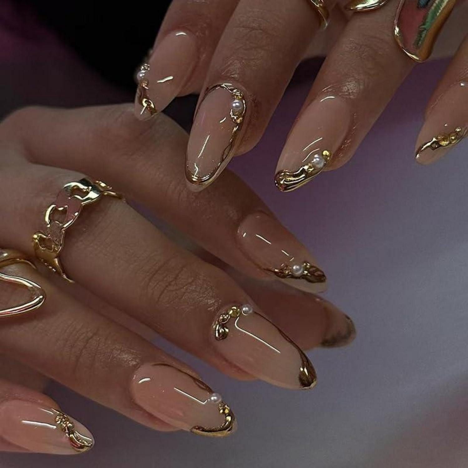 LuxusKollektion Kunstfingernägel Künstliche Fingernägel Kurz Almond 3D Gold Nagelkleber AKP9