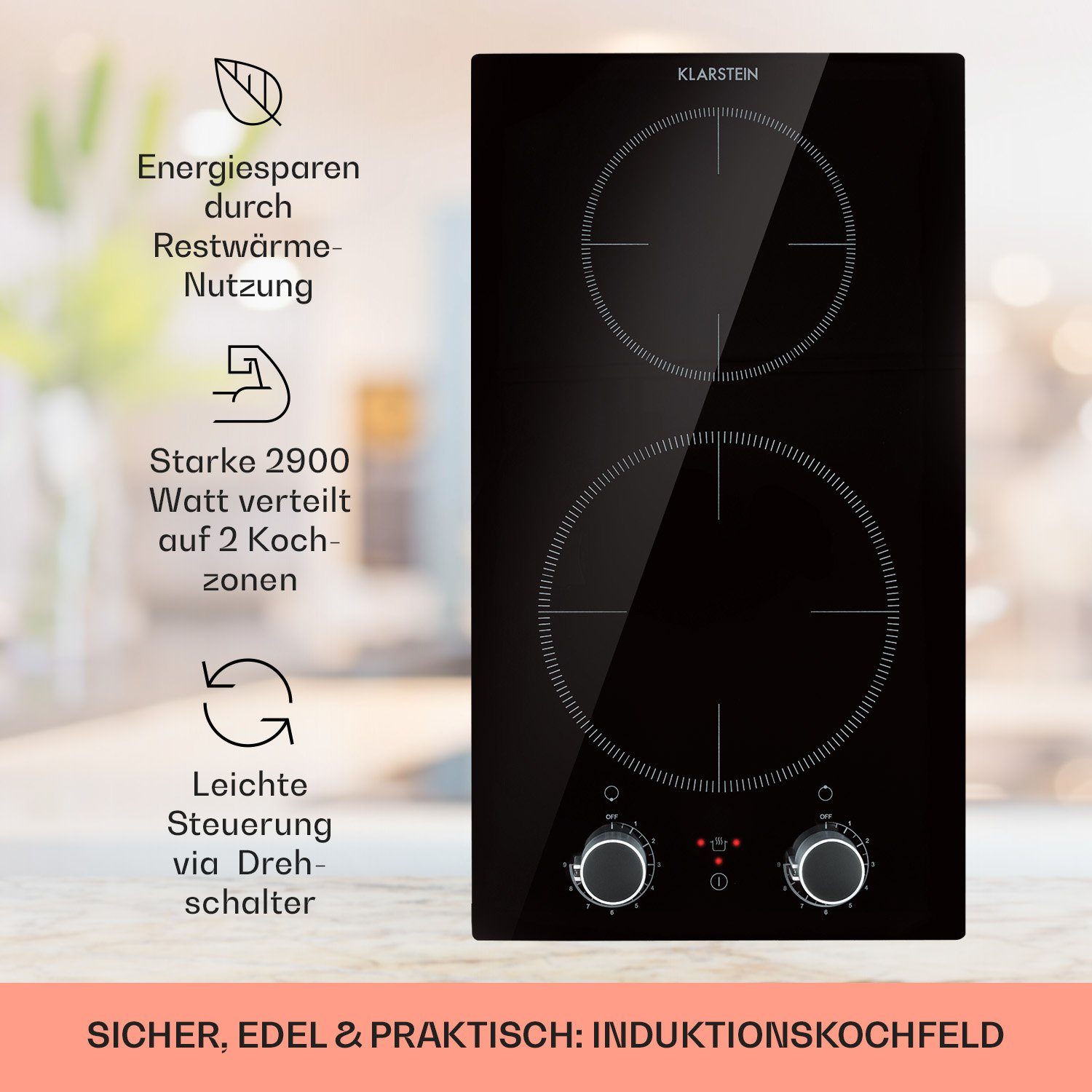 Klarstein Induktions-Kochfeld Kochheld Doppel-Induktion 2900W 2 Zonen 9 Stufen Drehregler Glas, Einbau-Induktionsfeld Domino mit Glaskeramik Touch & Booster mobil