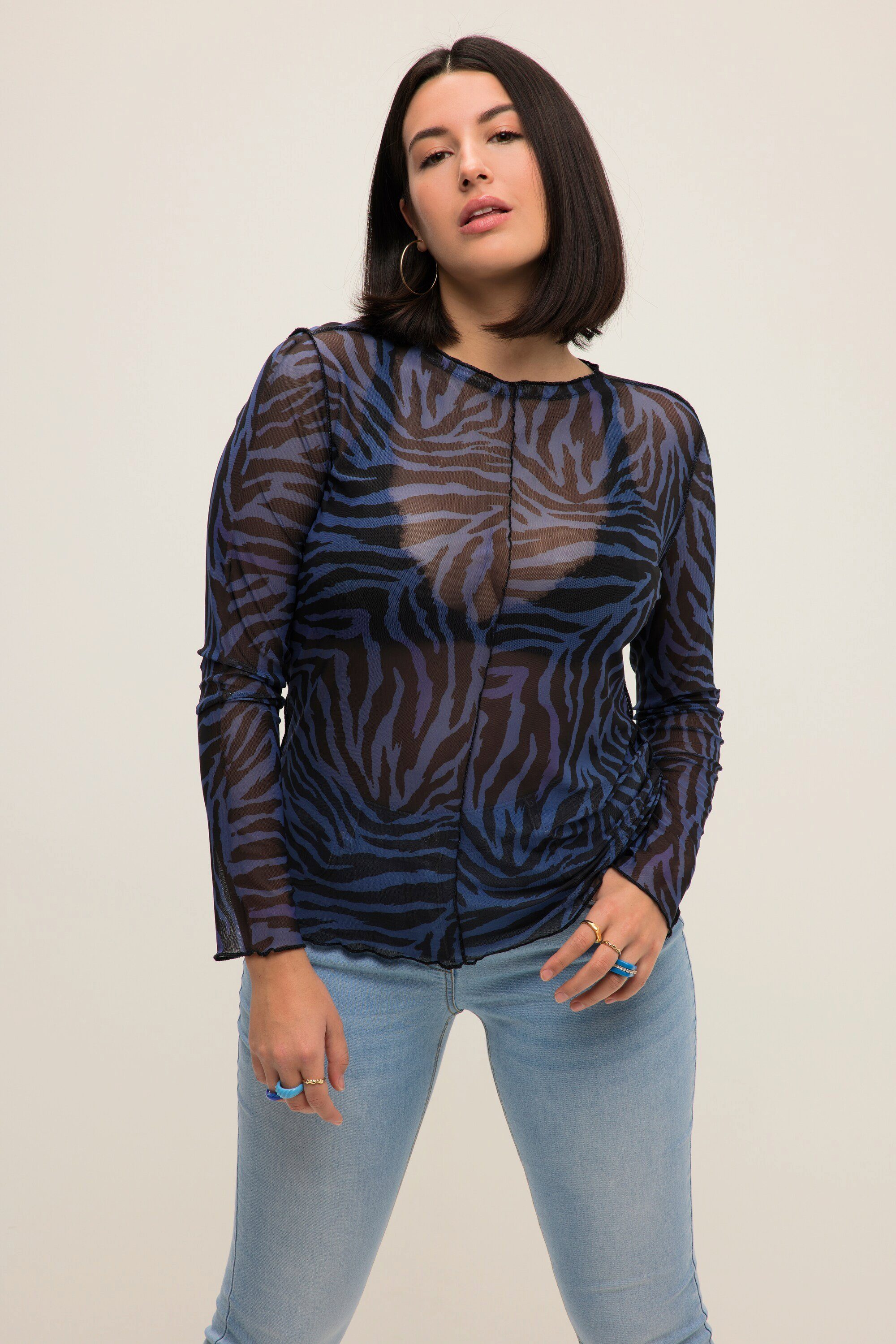 Studio Untold Longsleeve Longsleeve Regular Fit Mesh Zebra Print Rundhals