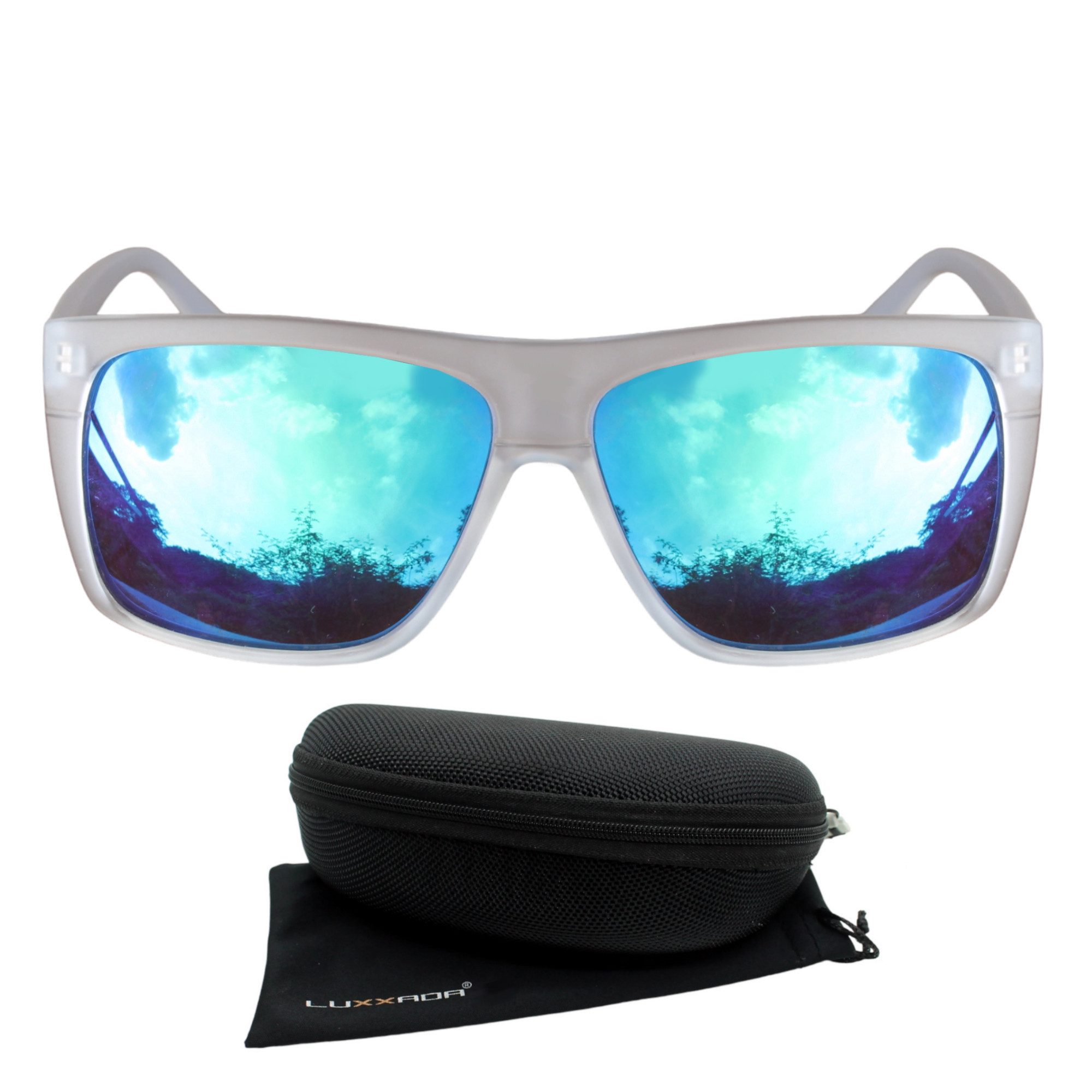 Rennec Sonnenbrille im Retro Stil Herren Damen Flattop Brille im Vintage Design Gläser Verspiegelt Grün, Blau oder Orange, inkl. Hardcase