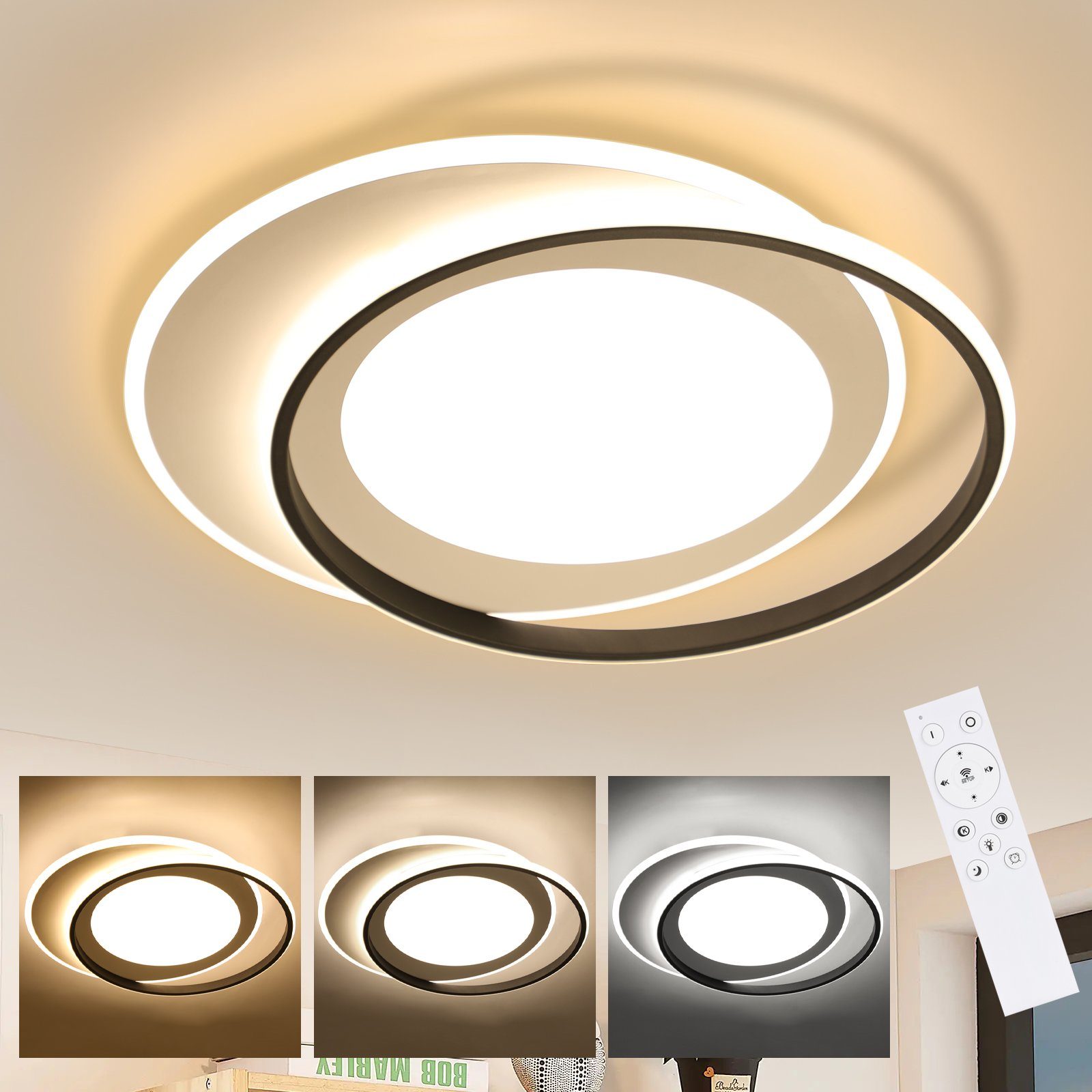Nettlife LED Deckenleuchte 48cm Dimmbare Moderne Ring Schwarz Weiß Design mit Fernbedienung, ‎Energieeffizient, timer, Dimmbar Schwarz +Weiß
