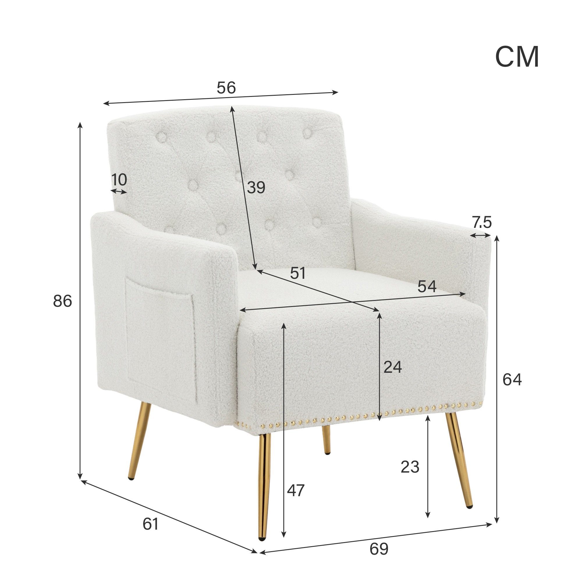 bequemer (Wohnzimmerstuhl, weiß mit Lesen Metallbeine, Sessel Relaxstuhl, oder Teddy-Samt-Stuhl Relaxsessel, zum geeignet Wohnzimmerstuhl, Reißverschluss-Design bequemer Sessel, Entspannen, goldene Sessel), OKWISH