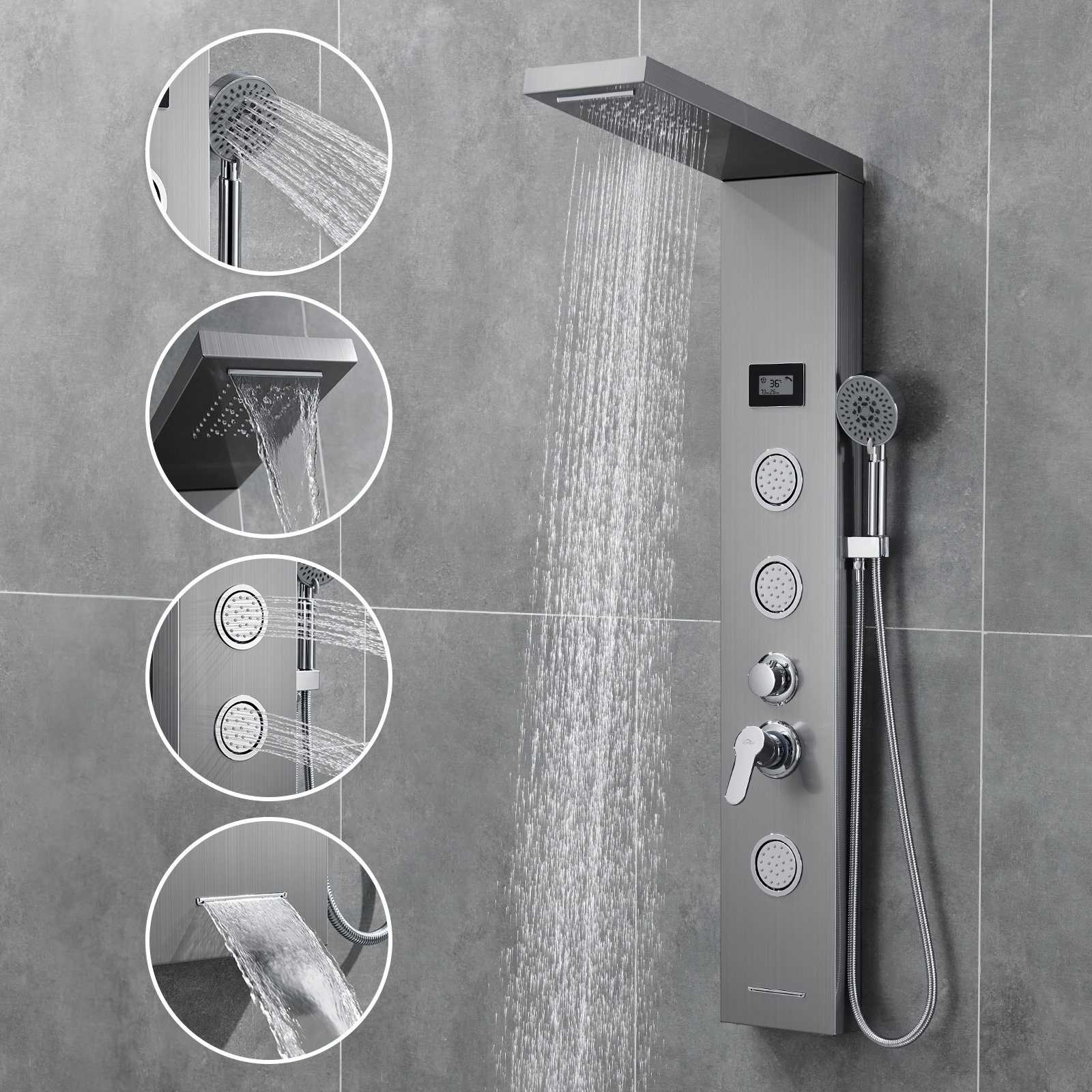 Edelstahl Wassertemperatur und 5 mit LED Auralum 5 Handbrause Strahlart(en), Duschsystem Duschset Duschpaneel Display Regendusche Wasserausgabemodi,