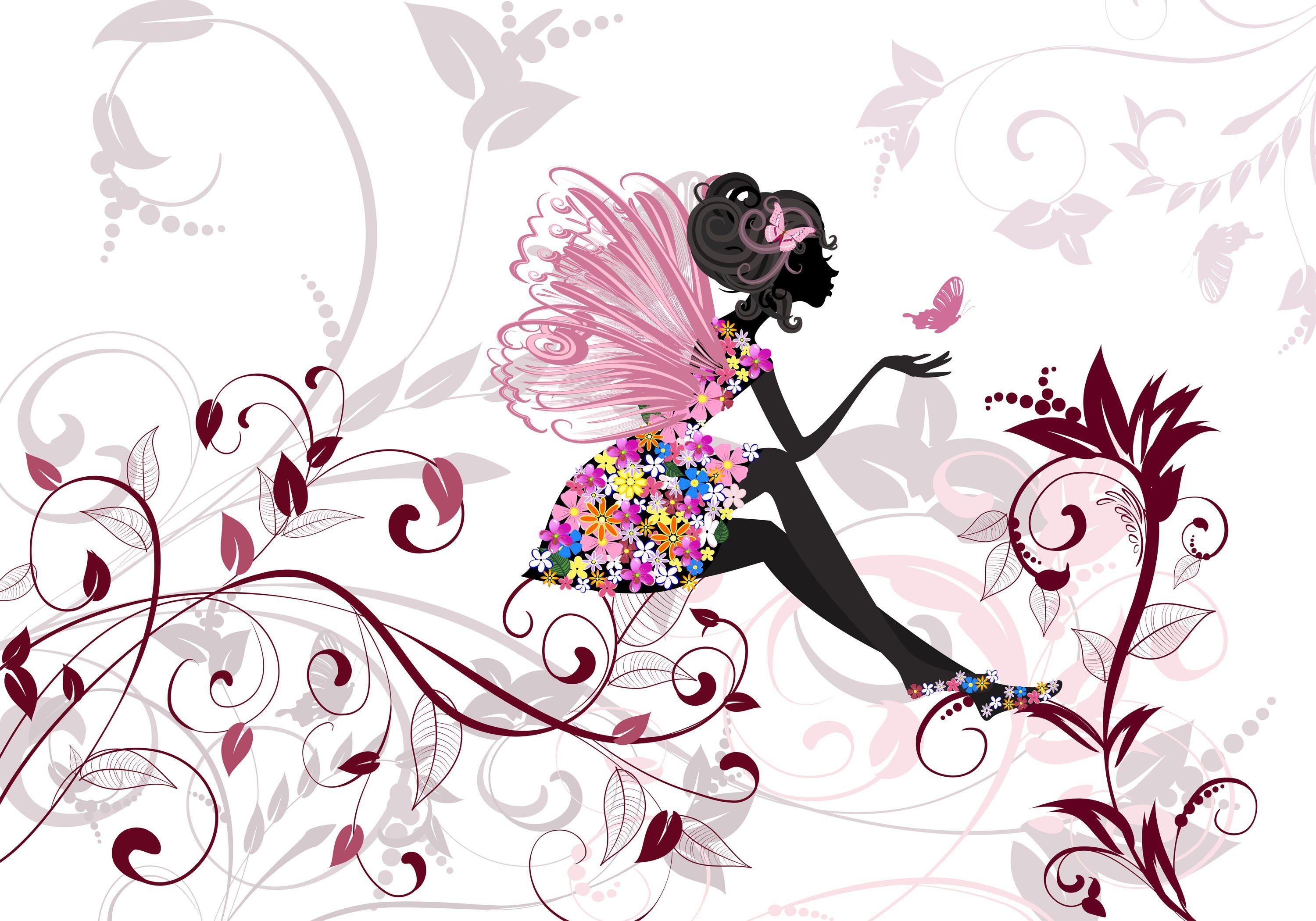 Motivtapete, Fototapete Vliestapete wandmotiv24 mit Blumenfee Schmetterling, Wandtapete, matt, glatt,