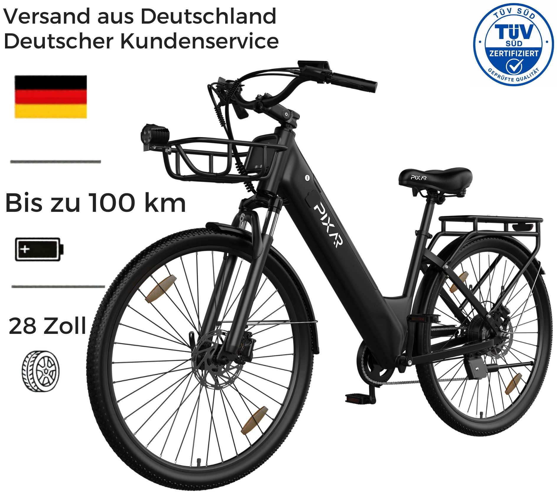 PIXAR E-Bike Cityrad Pedelec 28 Zoll 36V 18Ah bis 100 km Shimano 7 Gang, 7 Gang, Heckmotor, 648 Wh, Bürstenloser Motor, Bürstenloser Motor