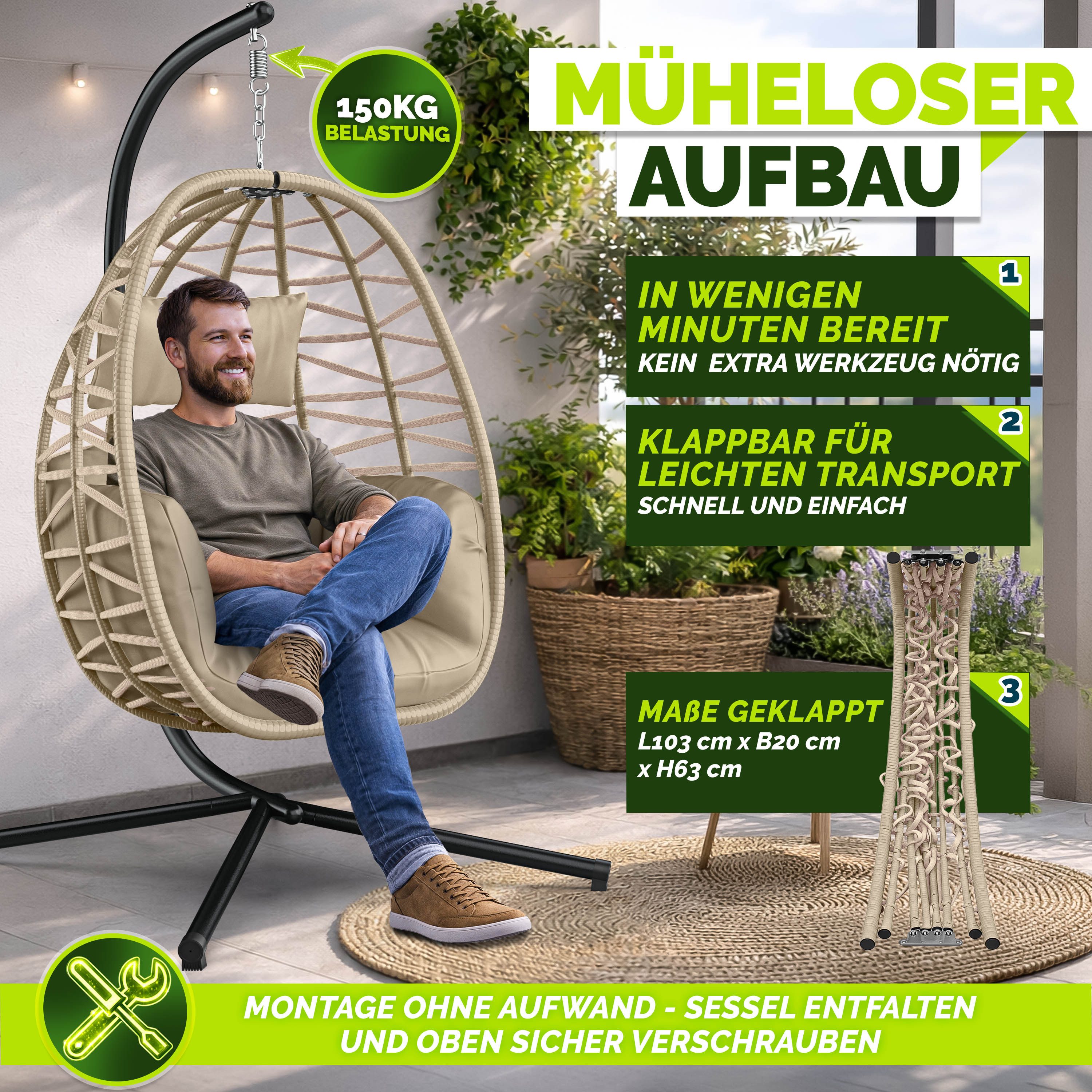 tillvex Hängesessel tillvex® Swivo Hängesessel mit Gestell inkl. wetterfester Abdeckung (Hängekorb klappbar bis 150 kg, Hängesitz aus Rattan, Hängestuhl für Ind – Bild 4 von 5
