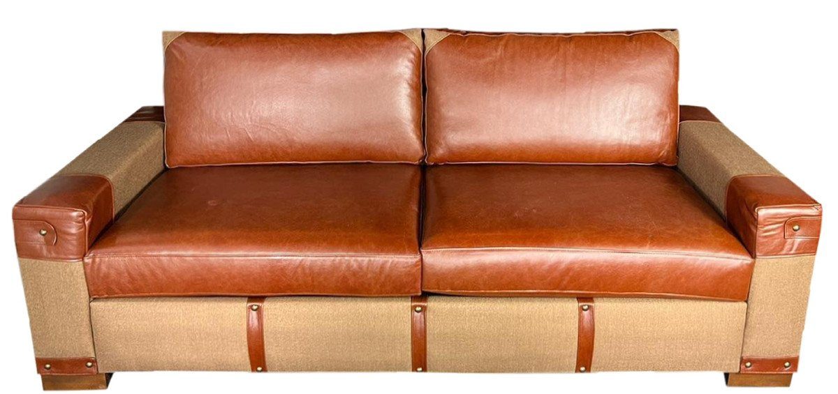 Casa Padrino Sofa Luxus Leder Sofa Braun / Beige 212 x 93 x H. 88 cm - Echtleder Wohnzimmer Sofa - Wohnzimmer Möbel - Luxus Kollektion