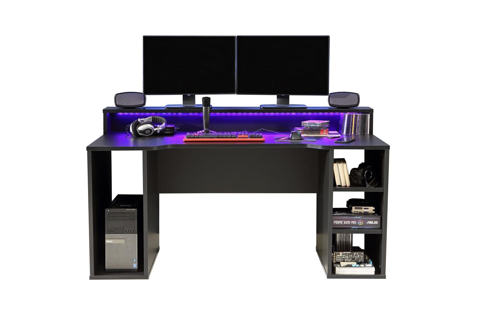 möbelando Schreibtisch - RGB-Beleuchtung Monitorauflage in schwarz Tamas, Fächer 1 / 160 B/H/T inkl. 91 Gaming Gamingtisch und Tür, cm Schubkasten, mit offene ca. 72 matt 1 x x