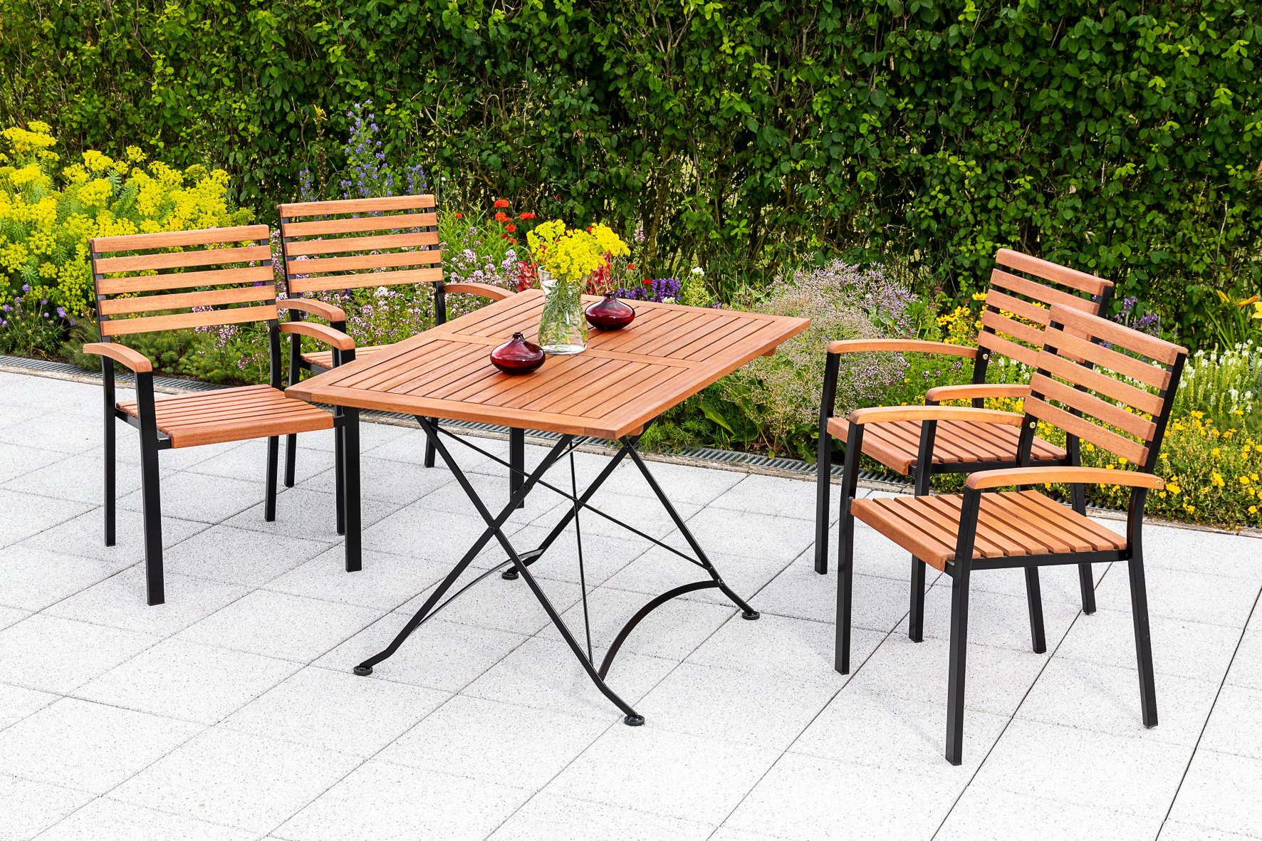 MERXX Garten-Essgruppe Schloßgarten, (5-tlg), 4 Stapelsessel mit Klapptisch