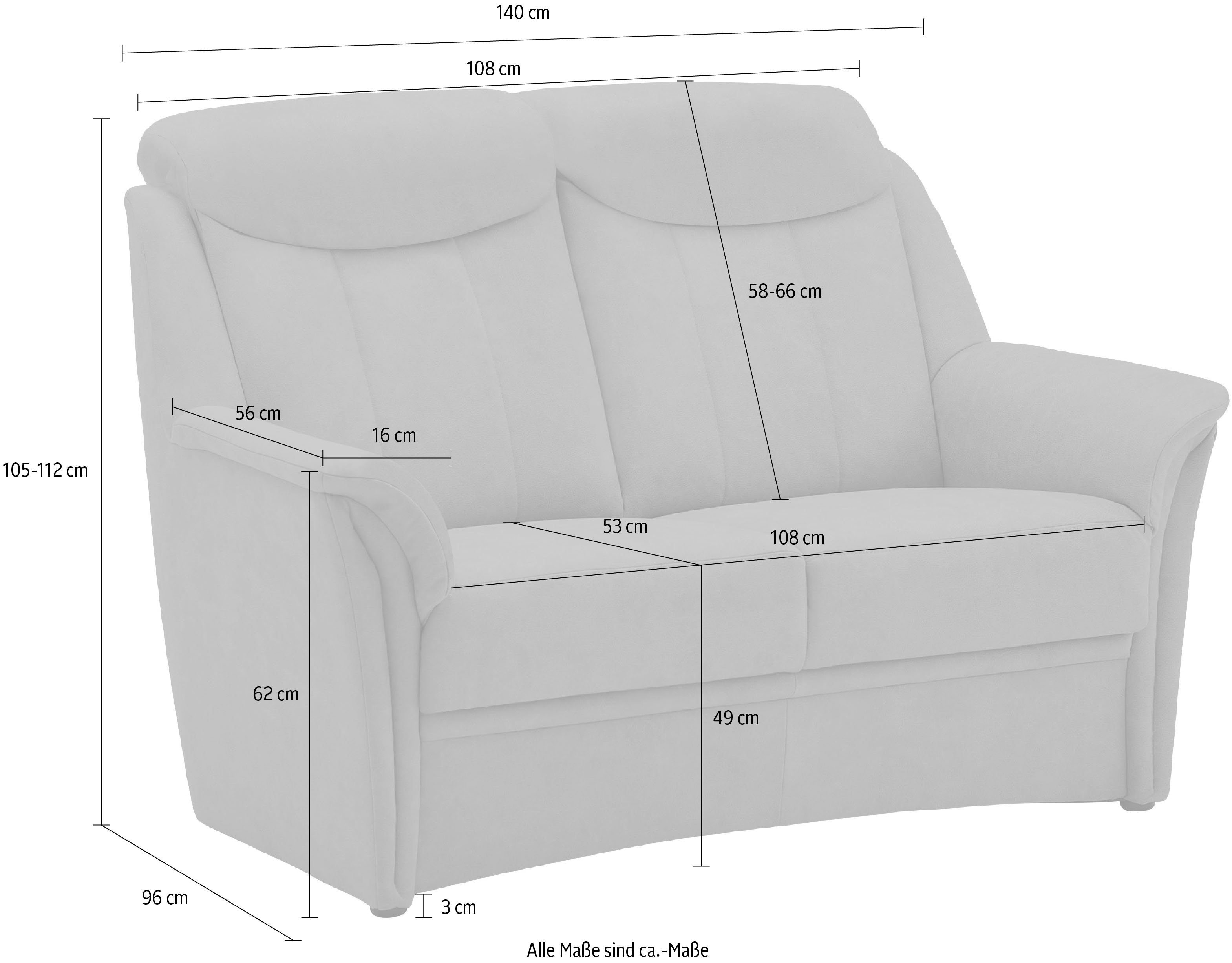 2-Sitzer VILLA Teile, 1 49 Kopfteilverstellung in und cm inklusive BECK Lugano, Sitzhöhe