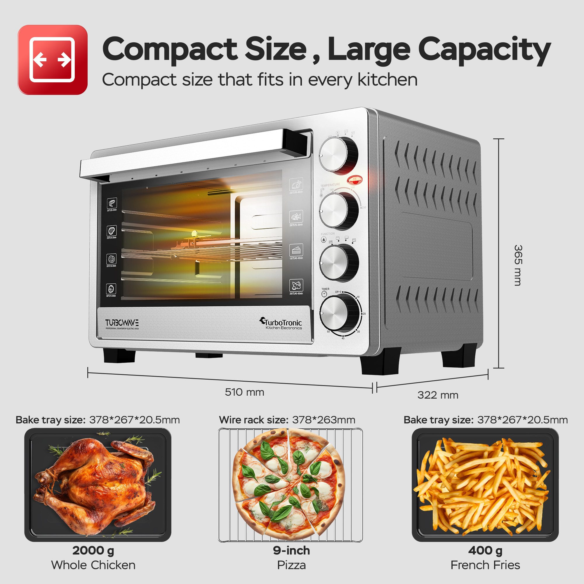 TurboTronic by Z-Line Minibackofen 1500 W 30 l Mini Backofen mit Umluft Drehspieß Grill Pizzaofen Timer, Tischbackofen mit Umluft, kleiner Backofen, Mini Ofen, freistehend