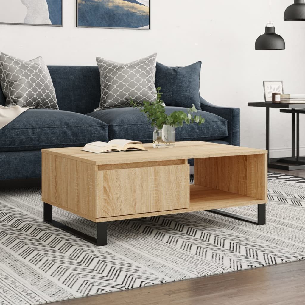 furnicato Couchtisch 90x60x35 cm Sonoma-Eiche Holzwerkstoff & Eisen Gestell (1-St), Wohnzimmertisch mit zwei Fächern für Stauraum und Ablage im Wohnzimmer