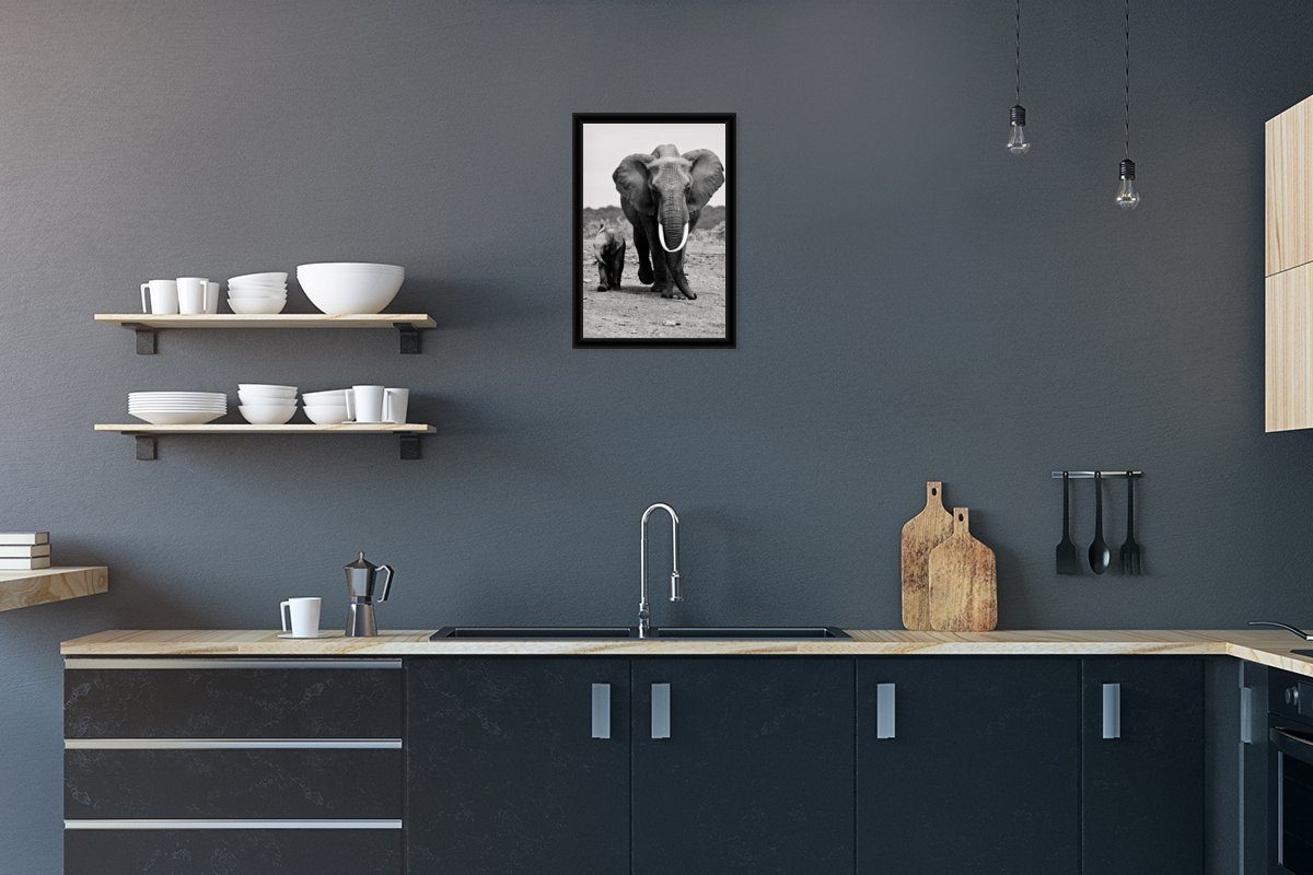 MuchoWow Poster Elefant - Kind - Schwarz - Weiß, (1 St), Bilderrahmen, Zimmer Deko, Bild für Wohnzimmer, 20x30 cm