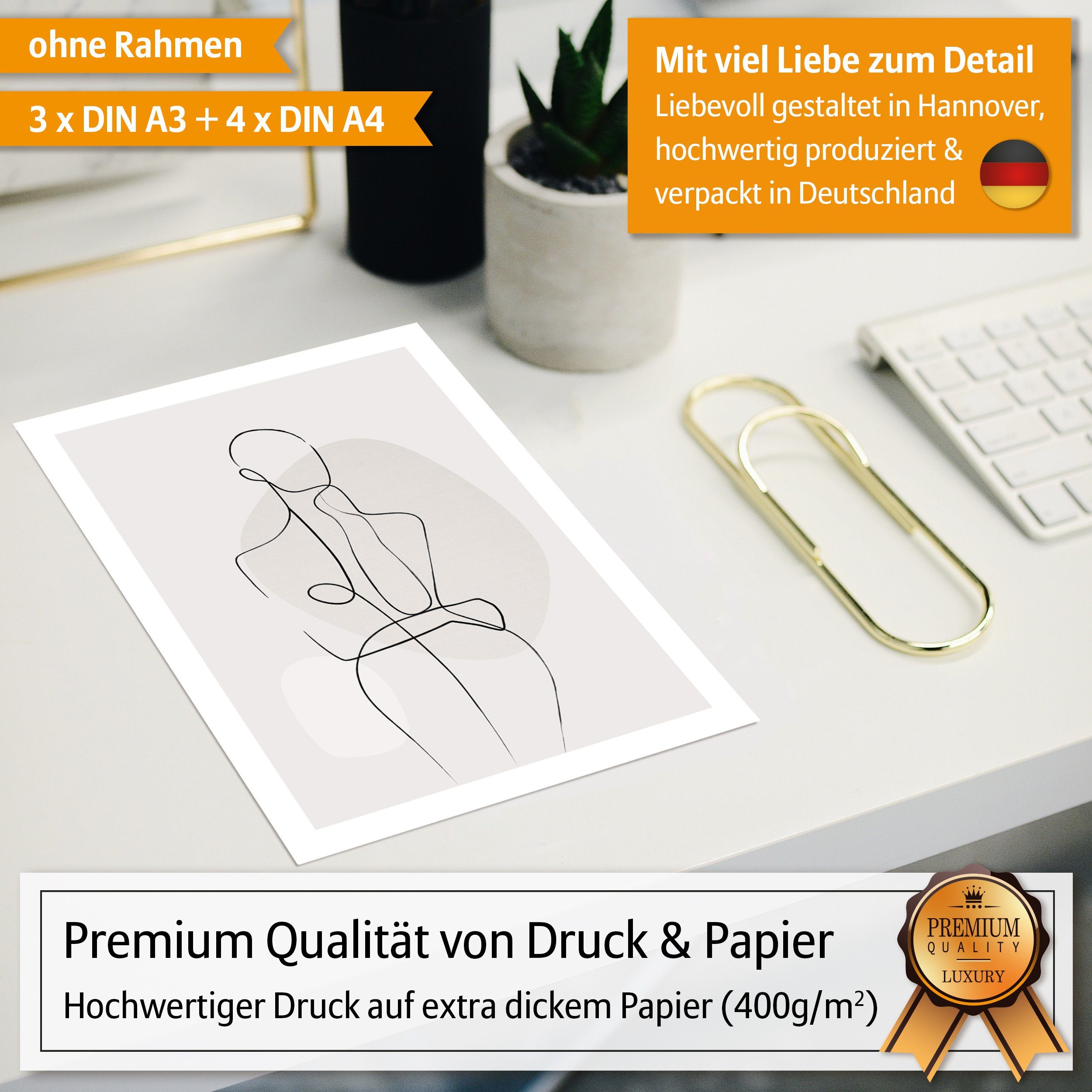 Hyggelig Home Poster Linien schwarz-weiß, Premium Poster Set OHNE & MIT Rahmen - Wandbilder, Abstrakt (Set, 7 St), Collage Line Art, Qualitätsdruck auf dickem Papier