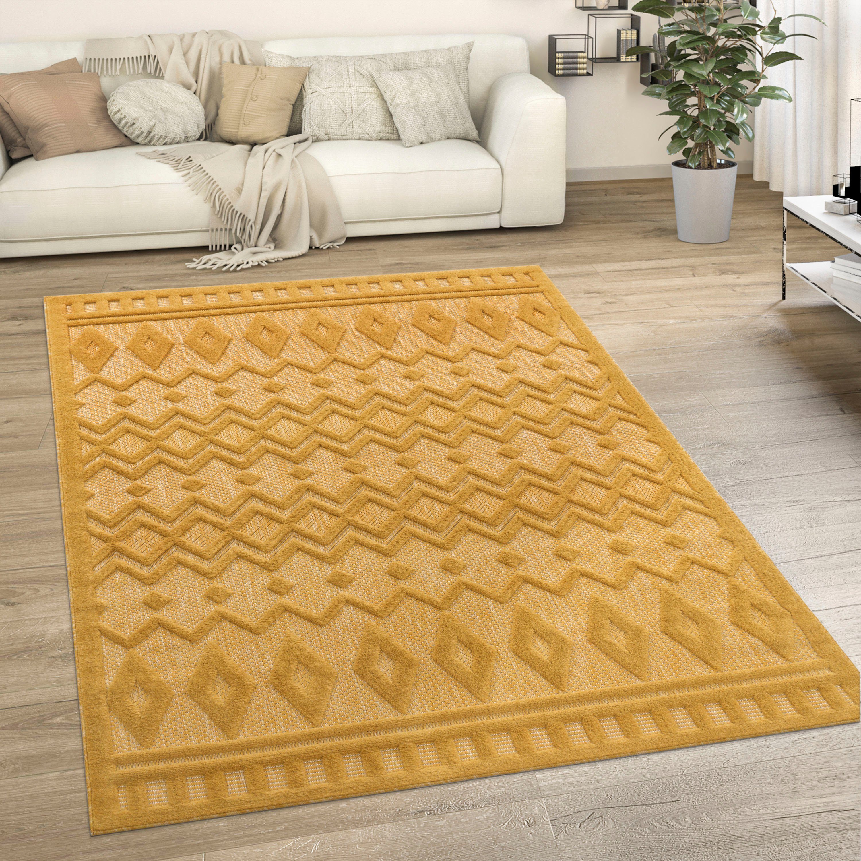 Teppich Livorno Paco Höhe: rechteckig, Outdoor 671, Muster, mm, geeignet Scandi, Rauten Effekt, Hoch-Tief Home, 14 gelb Uni-Farben
