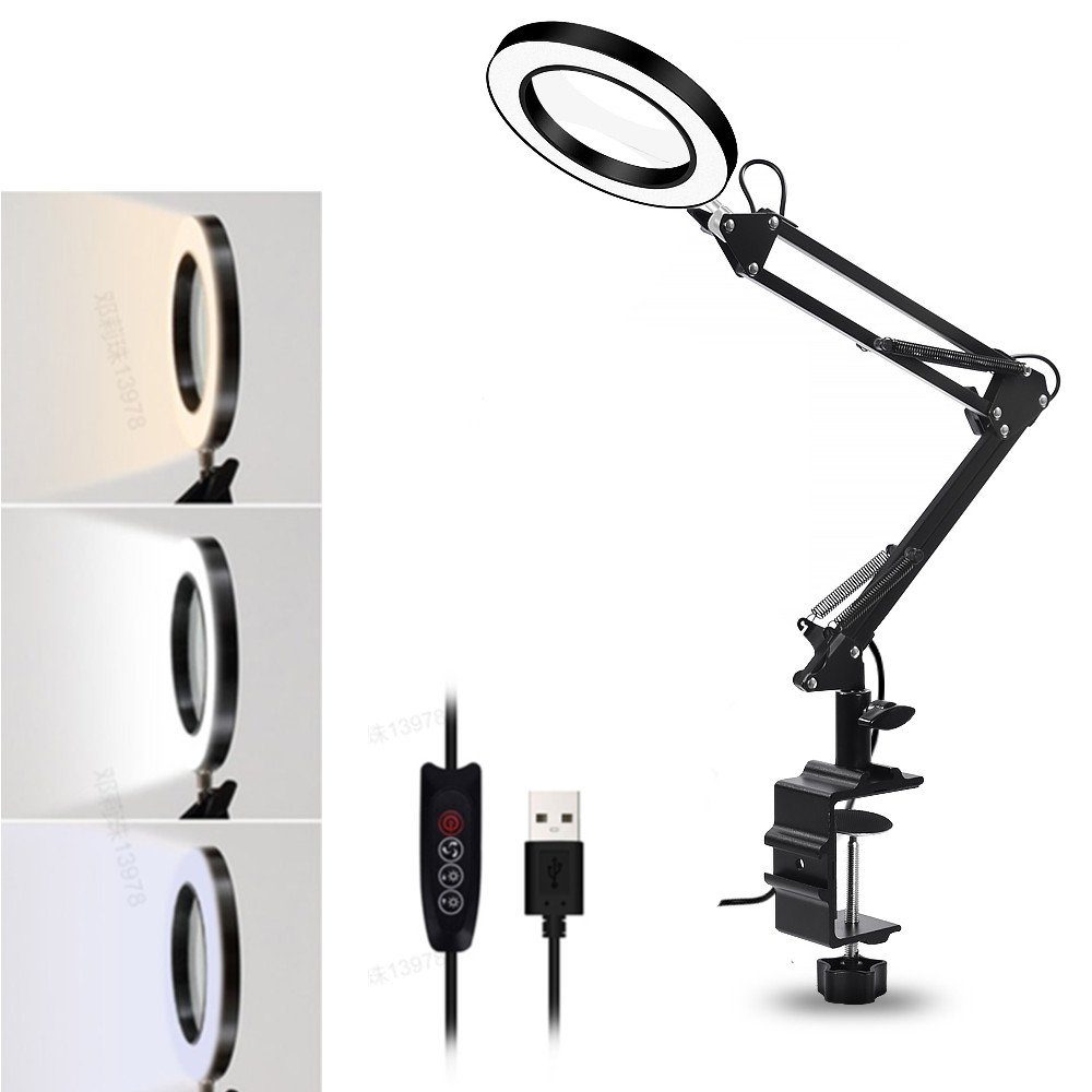 MECO Lupenlampe, 60LED Arbeitsleuchte, 5xDioptrien, 3-Farben dimmbar, 33+33cm