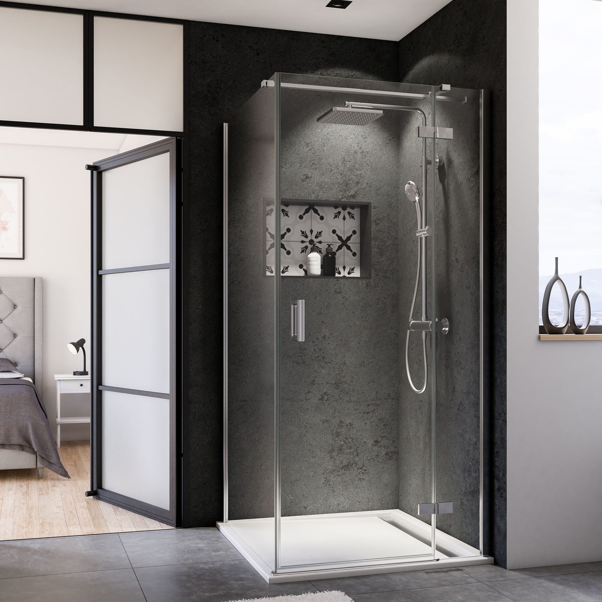 BREUER Dusch-Schiebetür Panorama Drehtür + Festteil (Anschlag rechts) für Seitenwand 900 mm