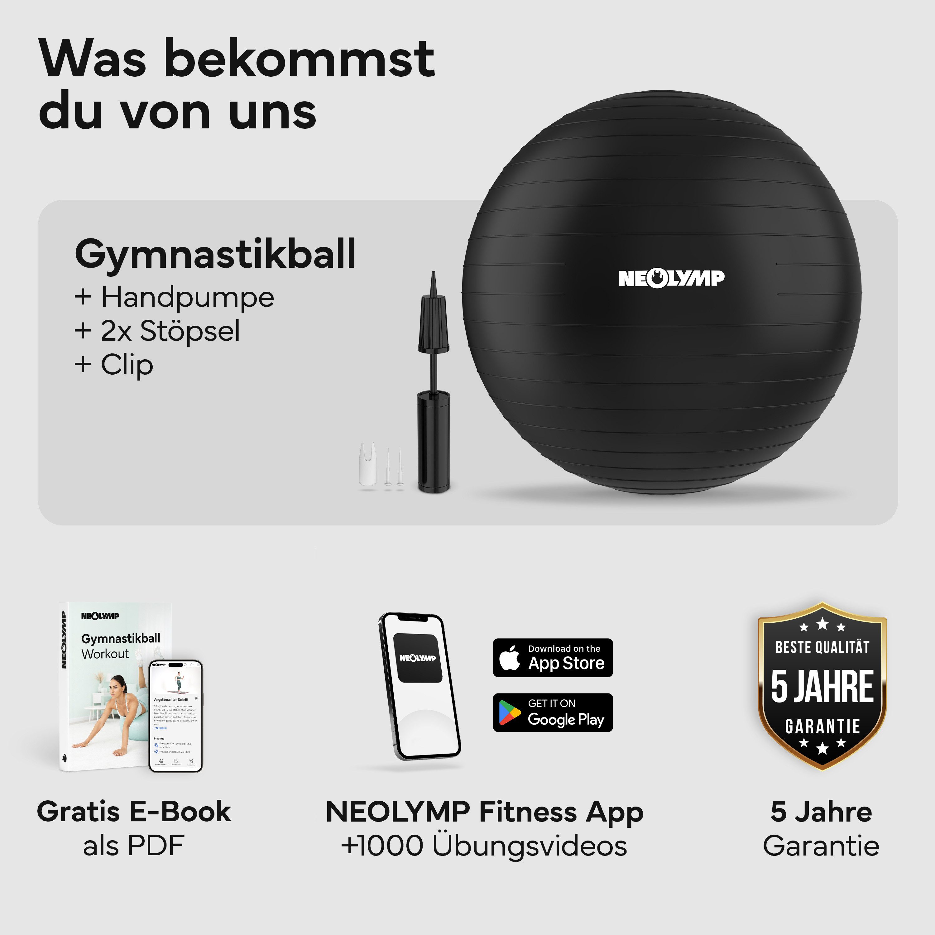 NEOLYMP Gymnastikball Sitzball Büro ergonomisch in 3 Größen S/M/L - bis 300 kg belastbar (Yoga Ball für Homeoffice, Core Training & Balance), Pilates Ball rutschfest & anti burst - Pezziball, Schwangerschaftsball