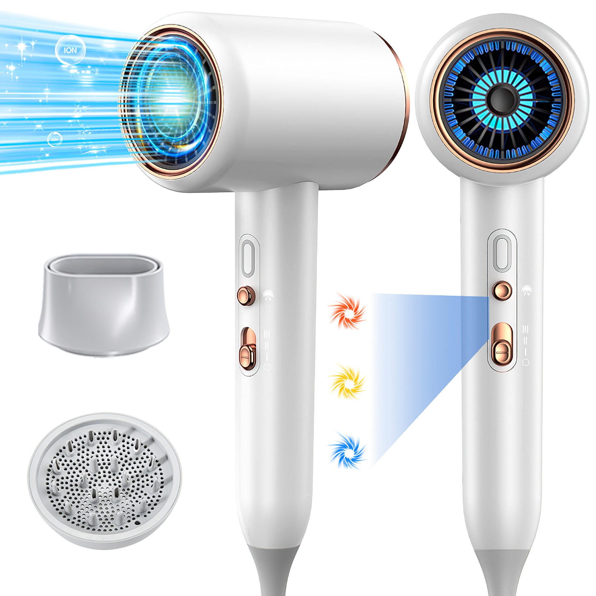 ibettertec Haartrockner Föhn,Haartrockner Ionen mit Diffusor - Konzentrator-Düse, 2400 W, Turbo-Ultra-Leise-Motor, 2 Heiz-3 Geschwindigkeitsstufen, Hair Dryer, mit Schnelle Aufheizung - Konstante Temperatur