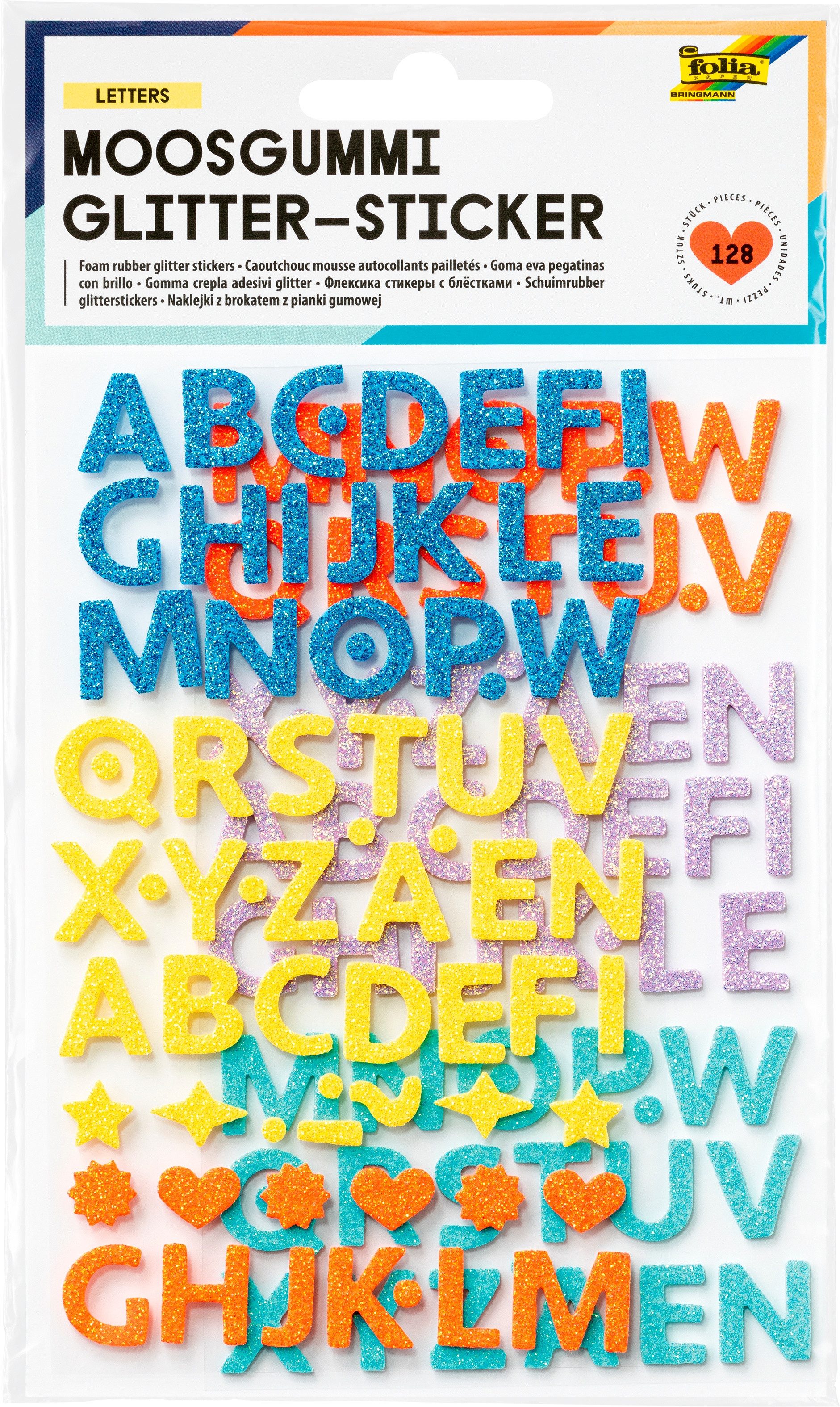 Folia Moosgummi Moosgummi-Glitter-Sticker „Buchstaben“, 128 Stück
