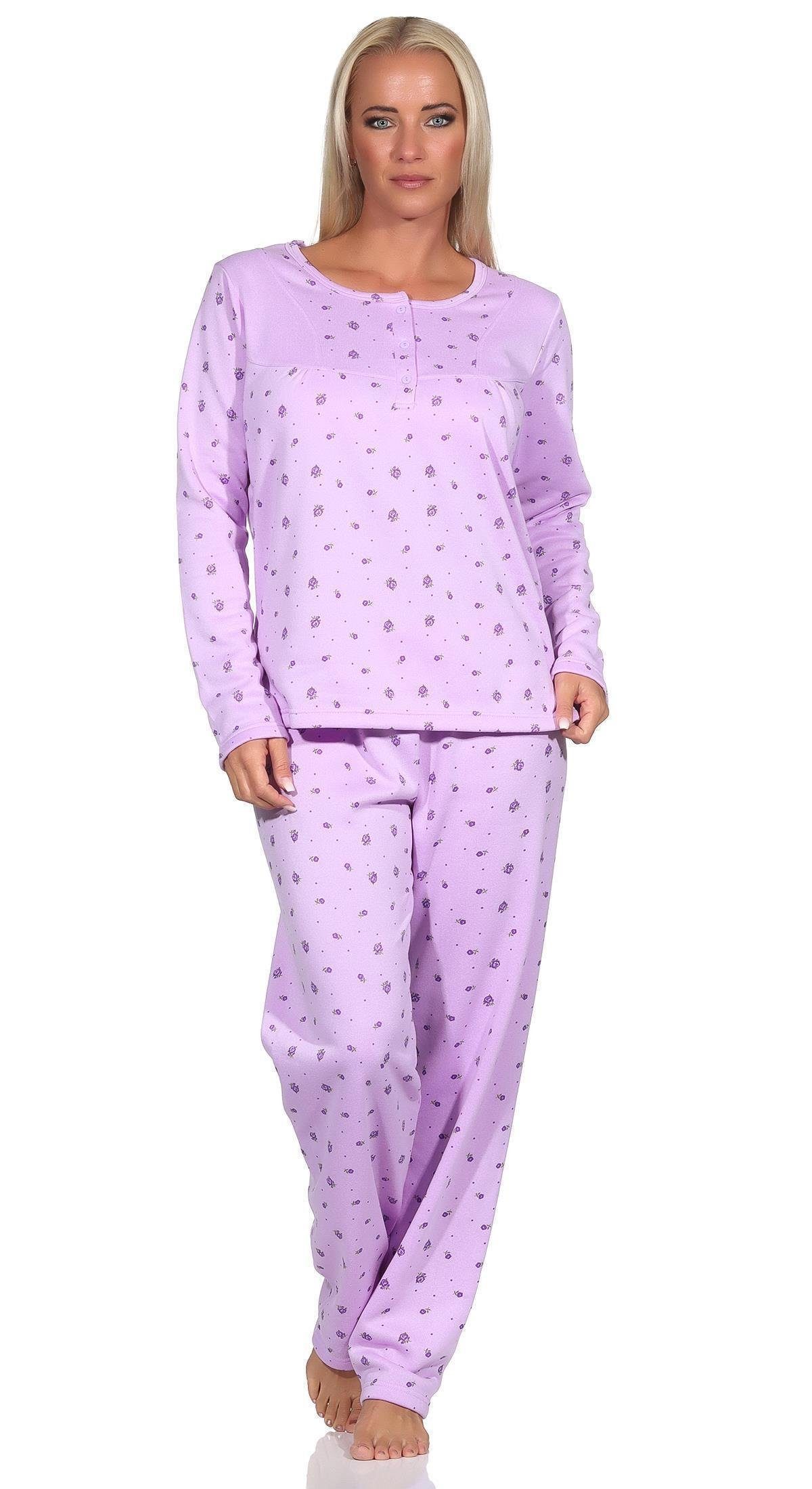 Schlafanzug, Damen Pyjama L 2XL Thermo Gr. tlg) XL Pyjama M Winter (2 Flieder EloModa zweiteiliger