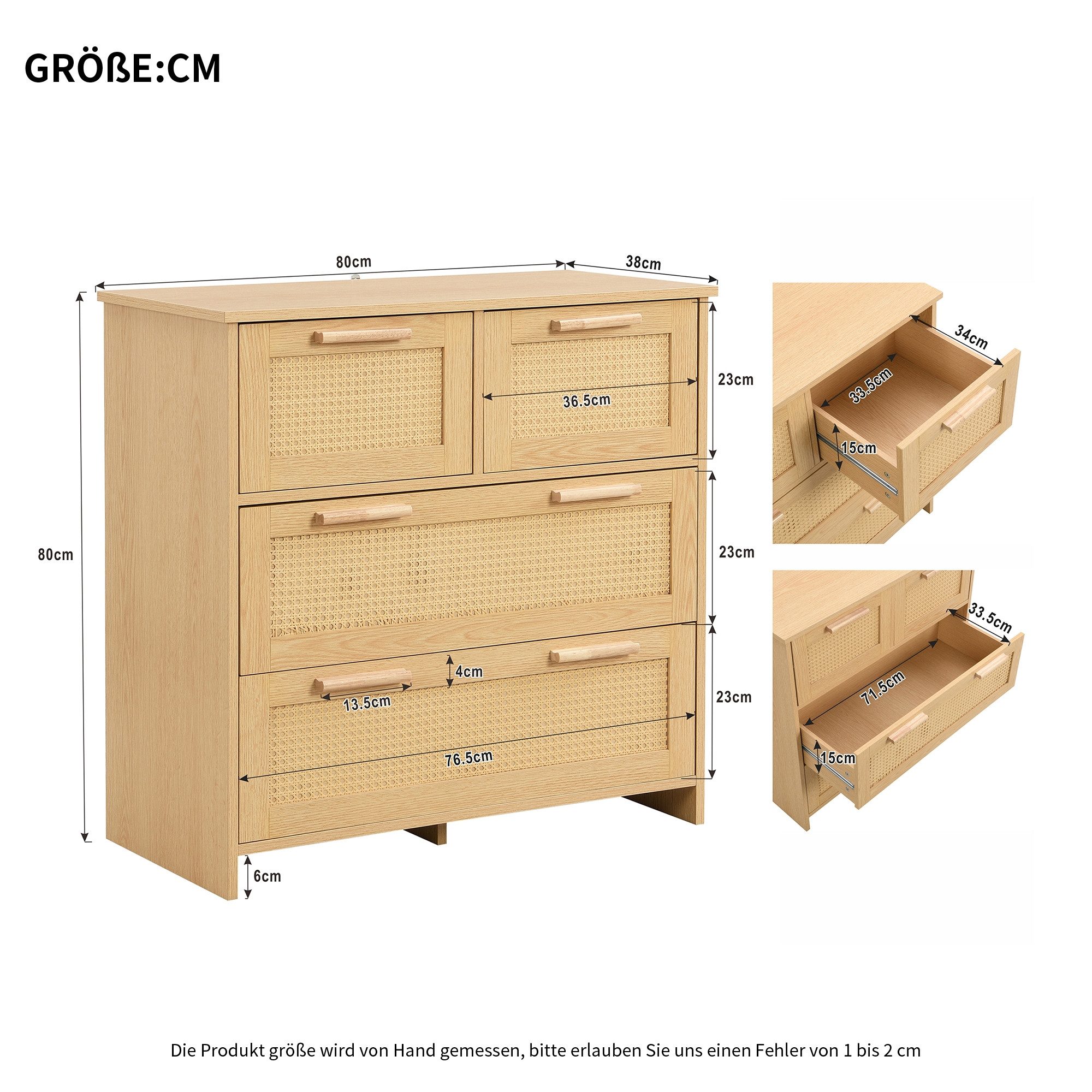 BBWL Sideboard Rattankommode 80x80x38 cm mit 4 Schubladen, Massivholzgriffen (Moderner Schubladenschrank aus MDF & Rattan für Schlafzimmer, Wohnzimmer, Flur, Esszimmer – Kippsicherung & viel Stauraum – Pflegeleicht & vielseitig einsetzbar)