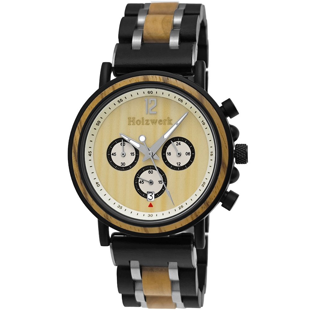 Chronograph DETMOLD Herren Holz Armband Uhr mit Datum, schwarz, beige, silber