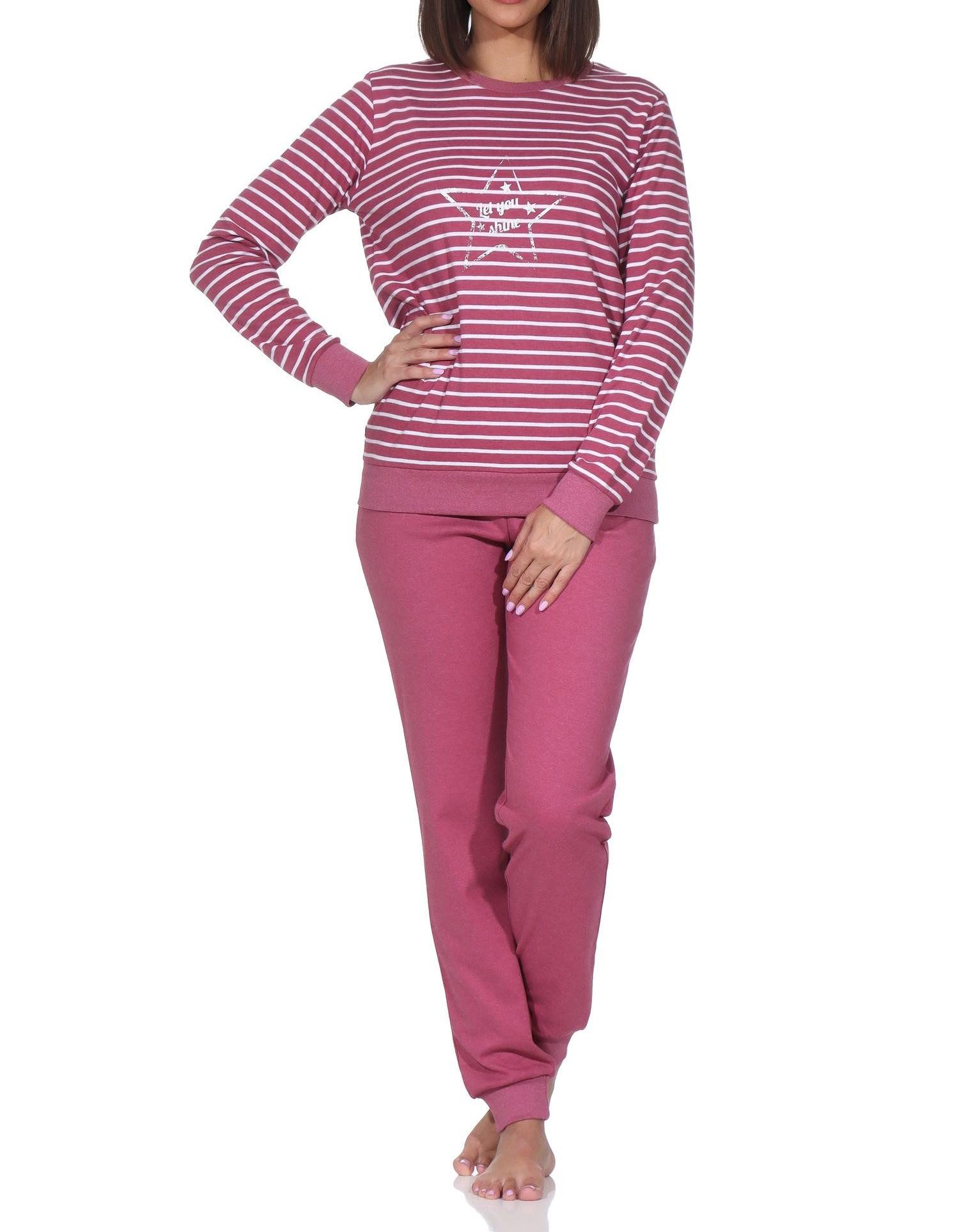 Normann Pyjama Kuscheliger Damen Schlafanzug lang mit Bündchen und Stern Motiv